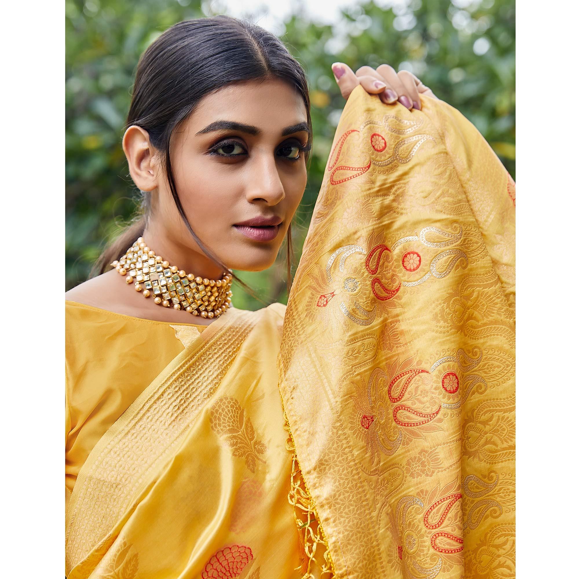 Yellow Partywear Woven Silk Saree - Peachmode