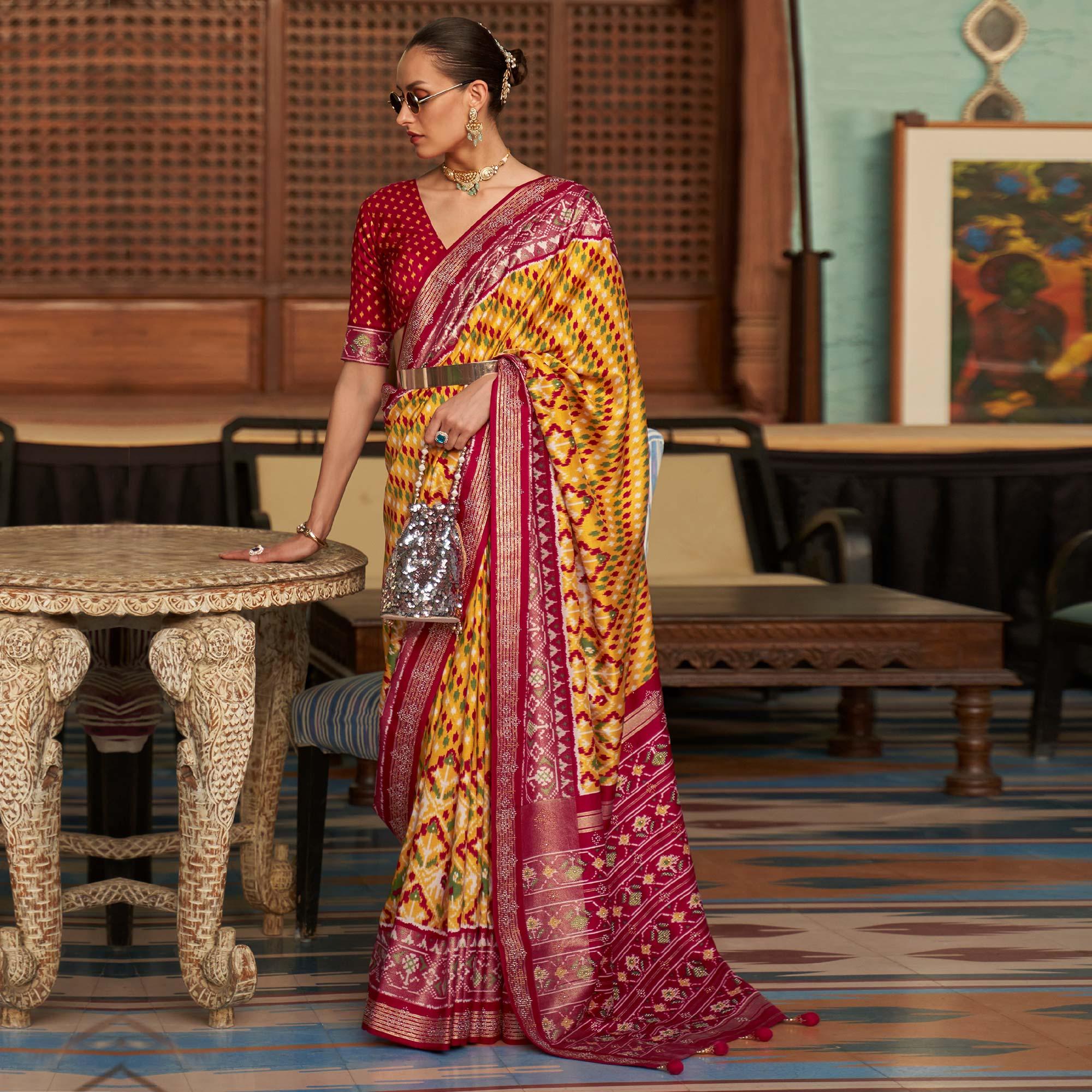Yellow Patola Printed Art Silk Saree With Tassels - Peachmode