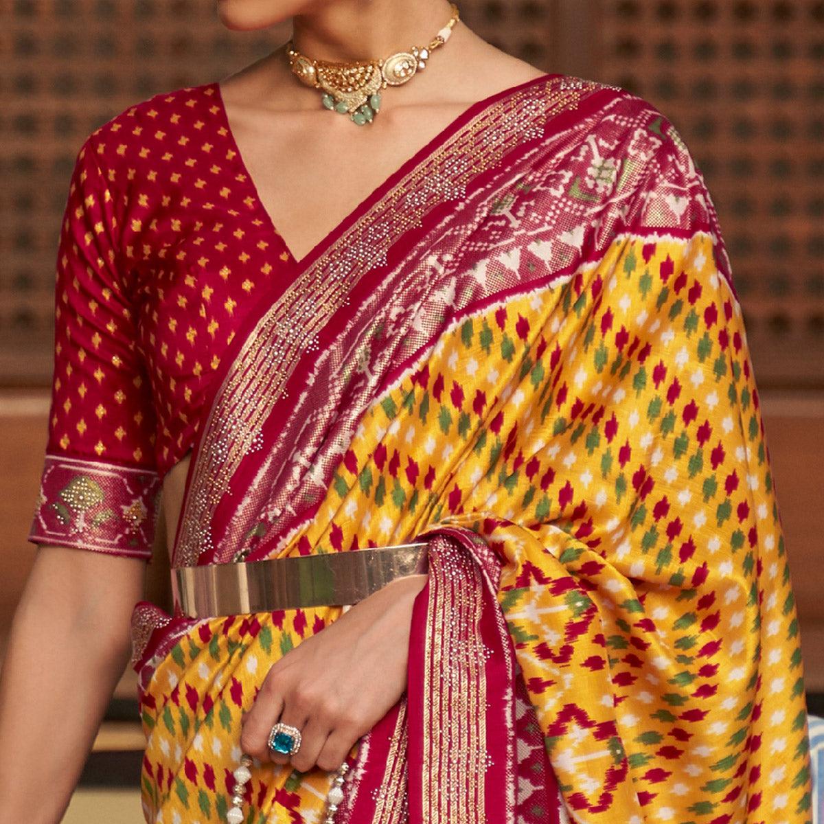 Yellow Patola Printed Art Silk Saree With Tassels - Peachmode