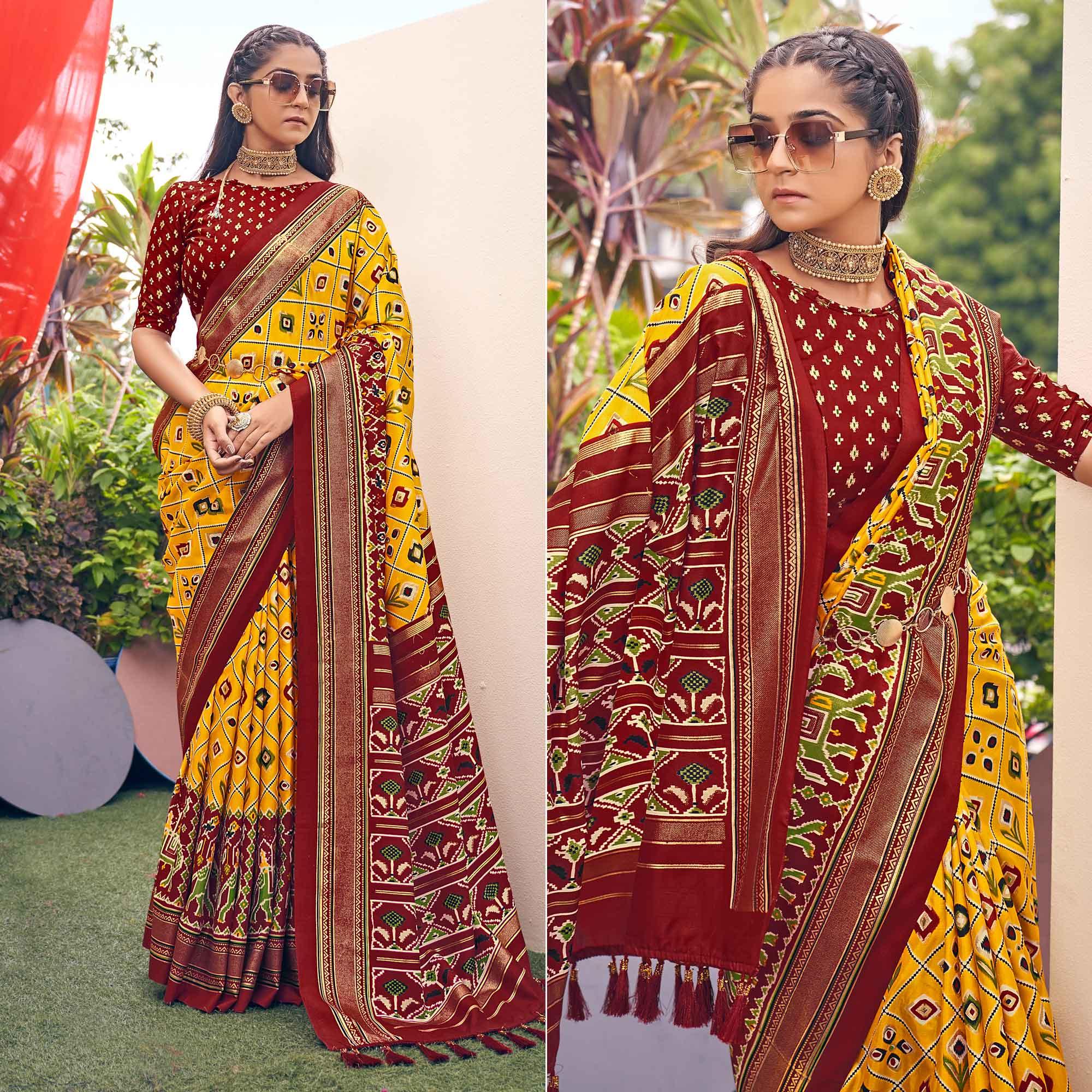 Yellow Patola Printed Silk Saree With Tassels - Peachmode