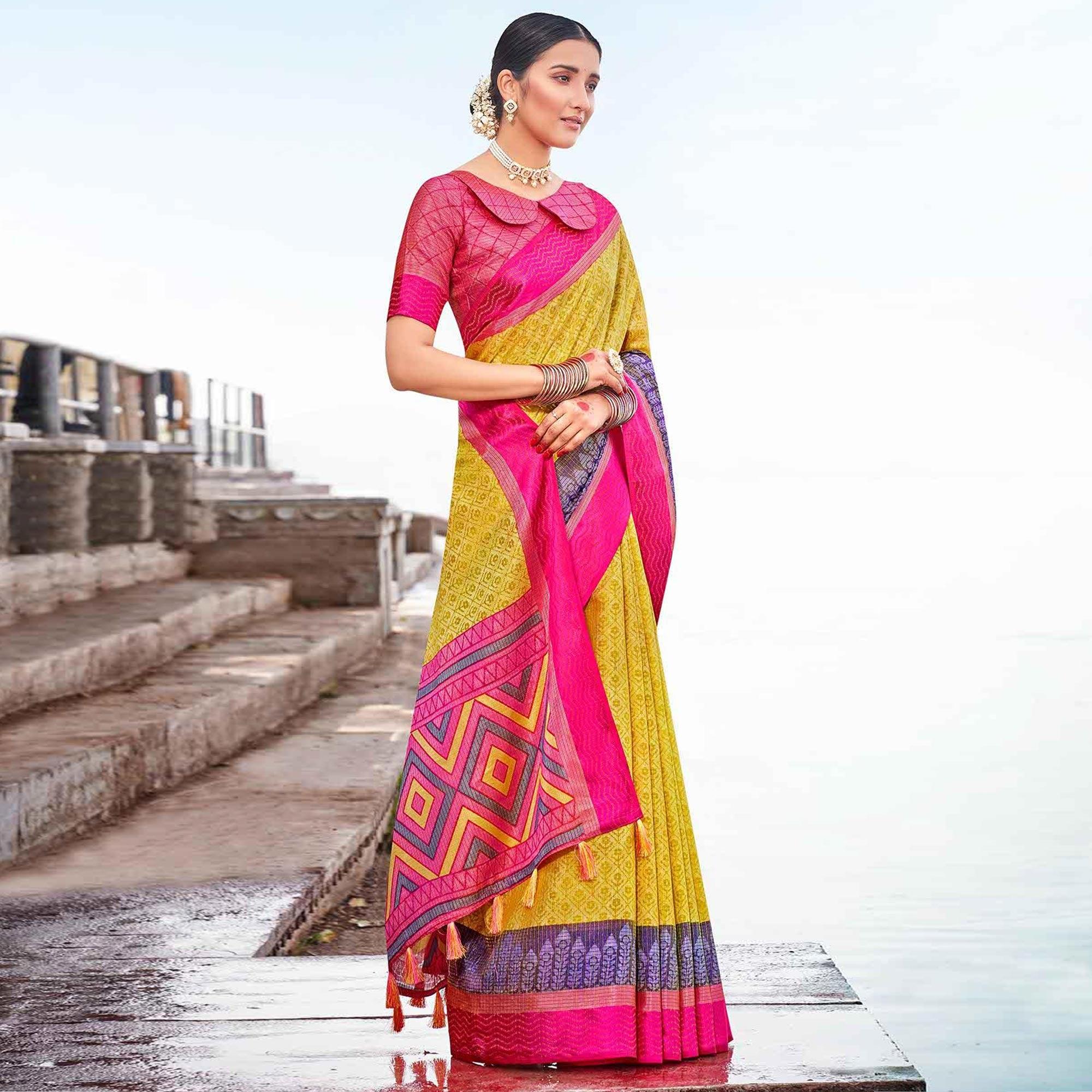 Yellow - Pink Festive Wear Printed Brasso Saree - Peachmode