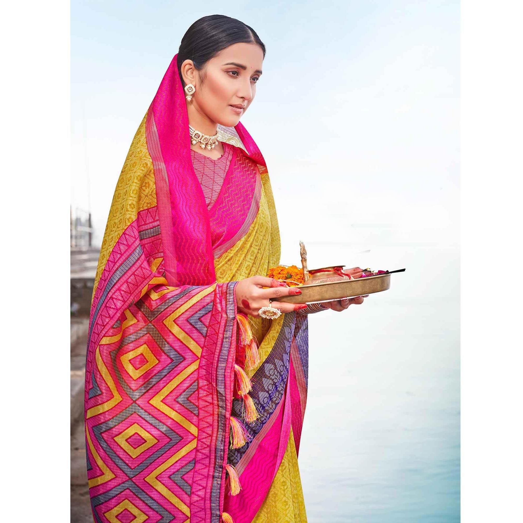 Yellow - Pink Festive Wear Printed Brasso Saree - Peachmode