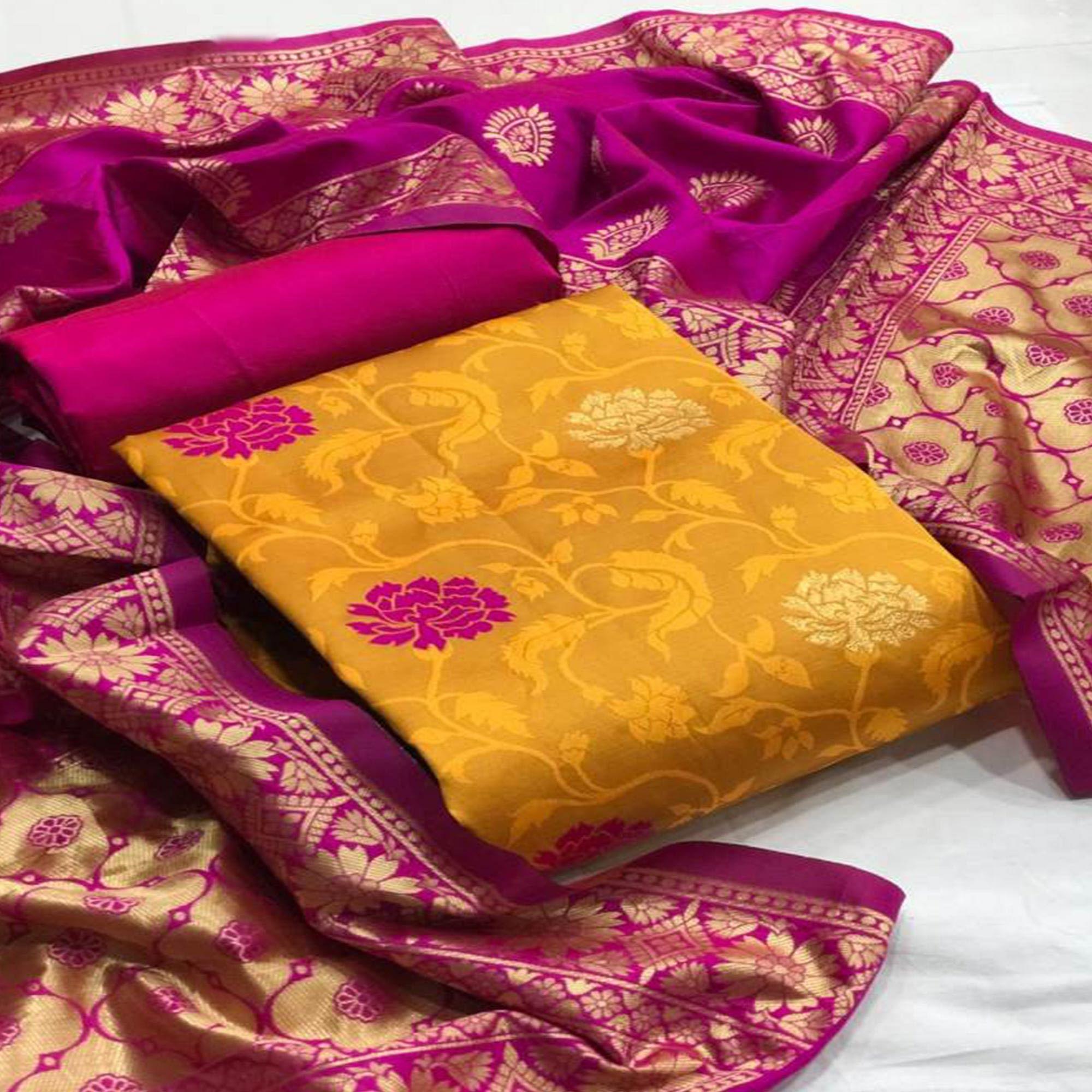 Yellow-Pink Festive Wear Woven Banarasi Silk Dress Material - Peachmode