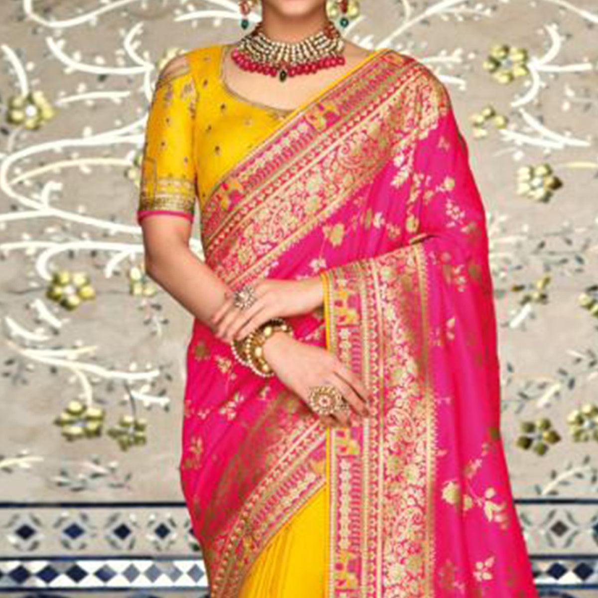 Yellow-Pink Festive Wear Woven Banarasi Silk Half & Half Saree - Peachmode