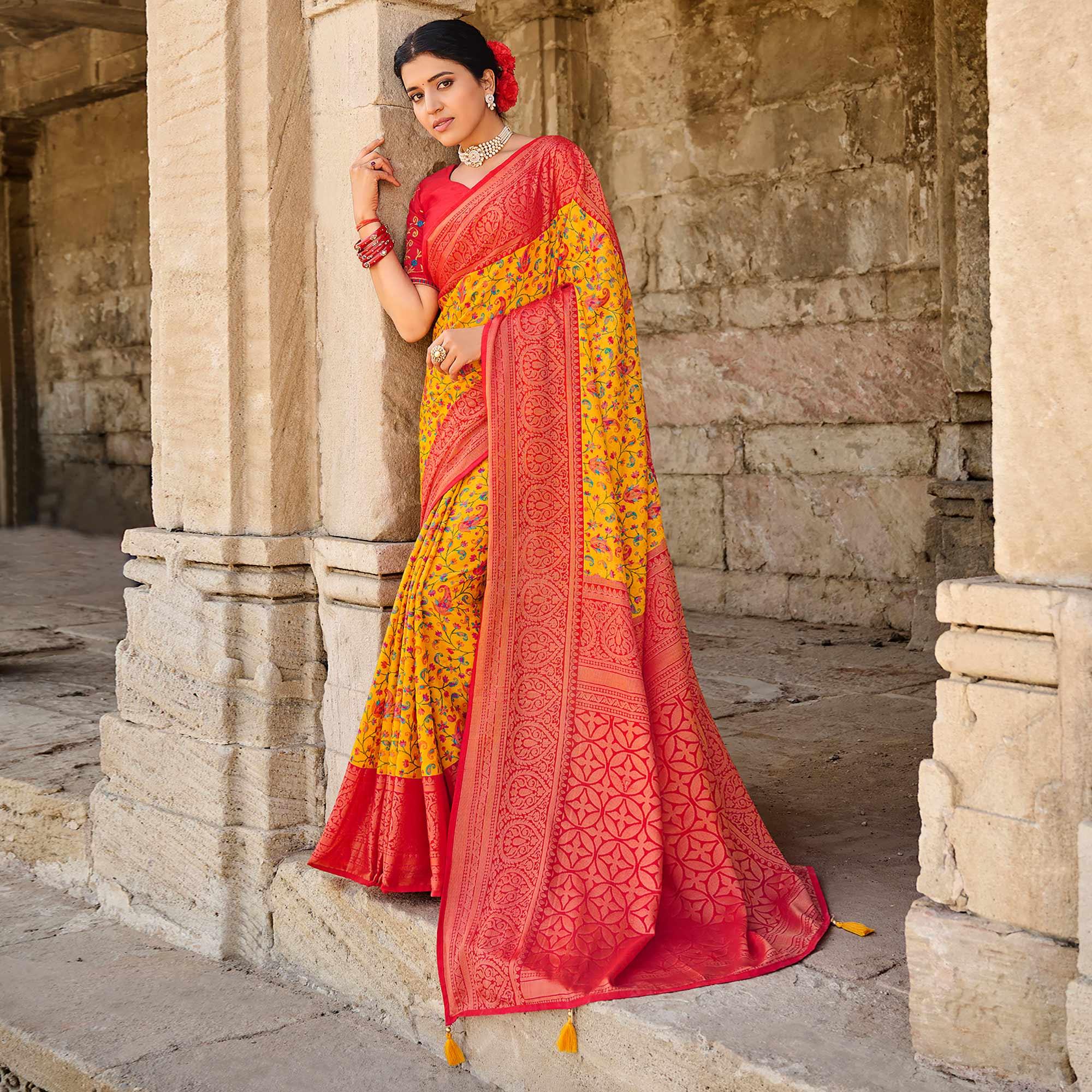 Yellow Printed Art Silk Saree With Tassels - Peachmode