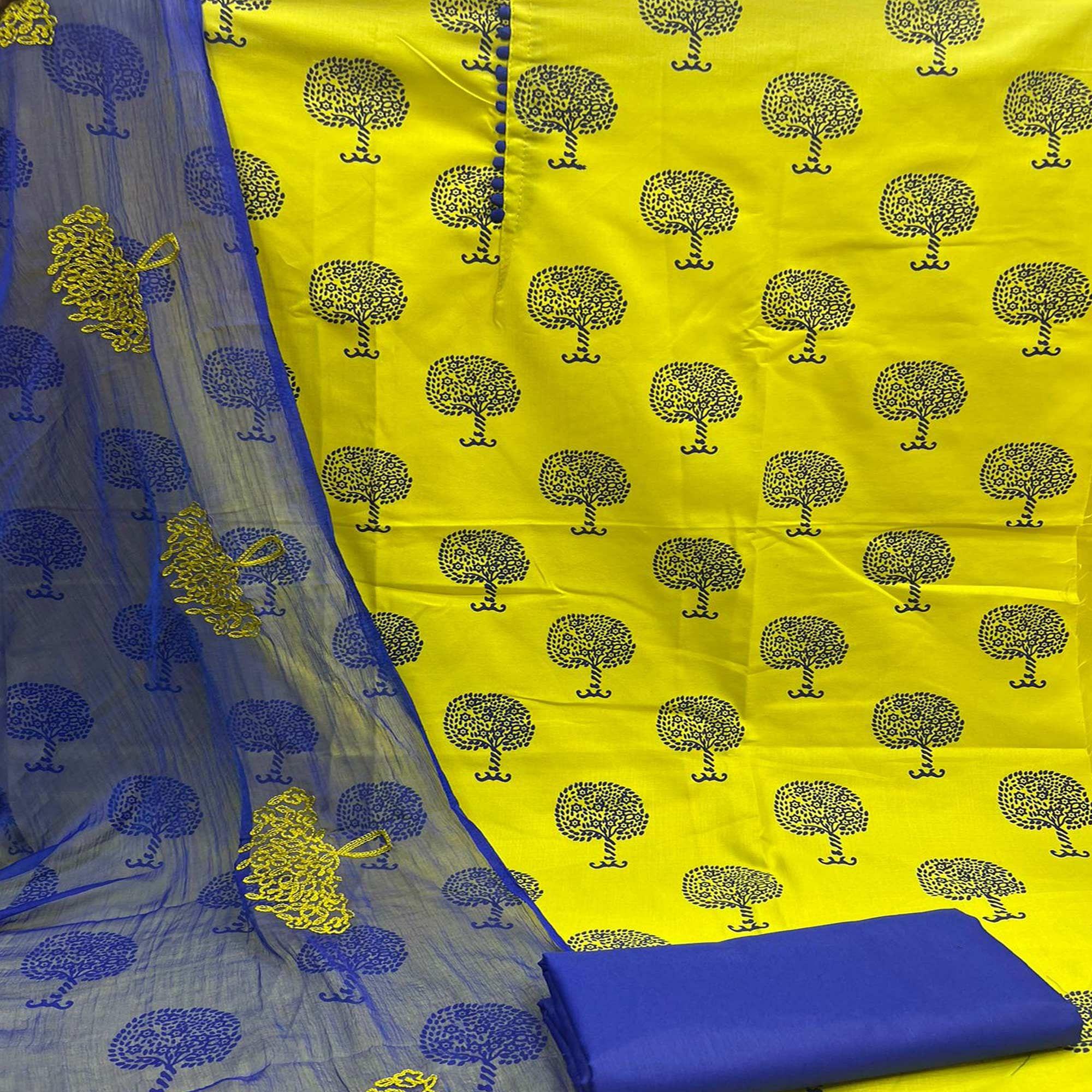 Yellow Printed Cotton Dress Material - Peachmode