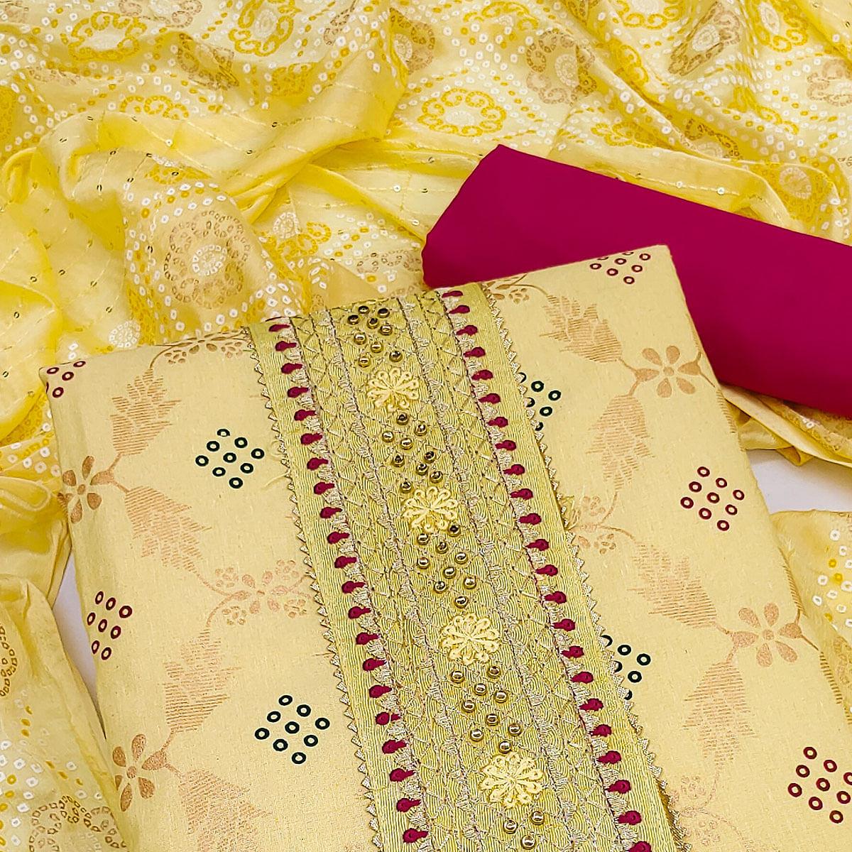 Yellow Printed Cotton Dress Material - Peachmode