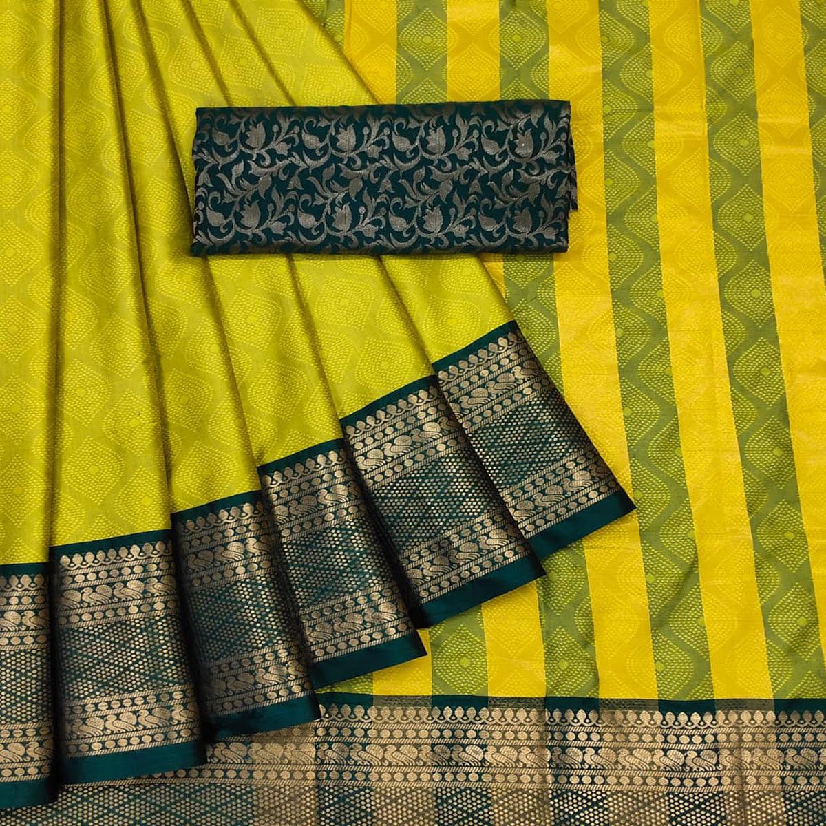 Yellow Printed Cotton Silk Saree - Peachmode