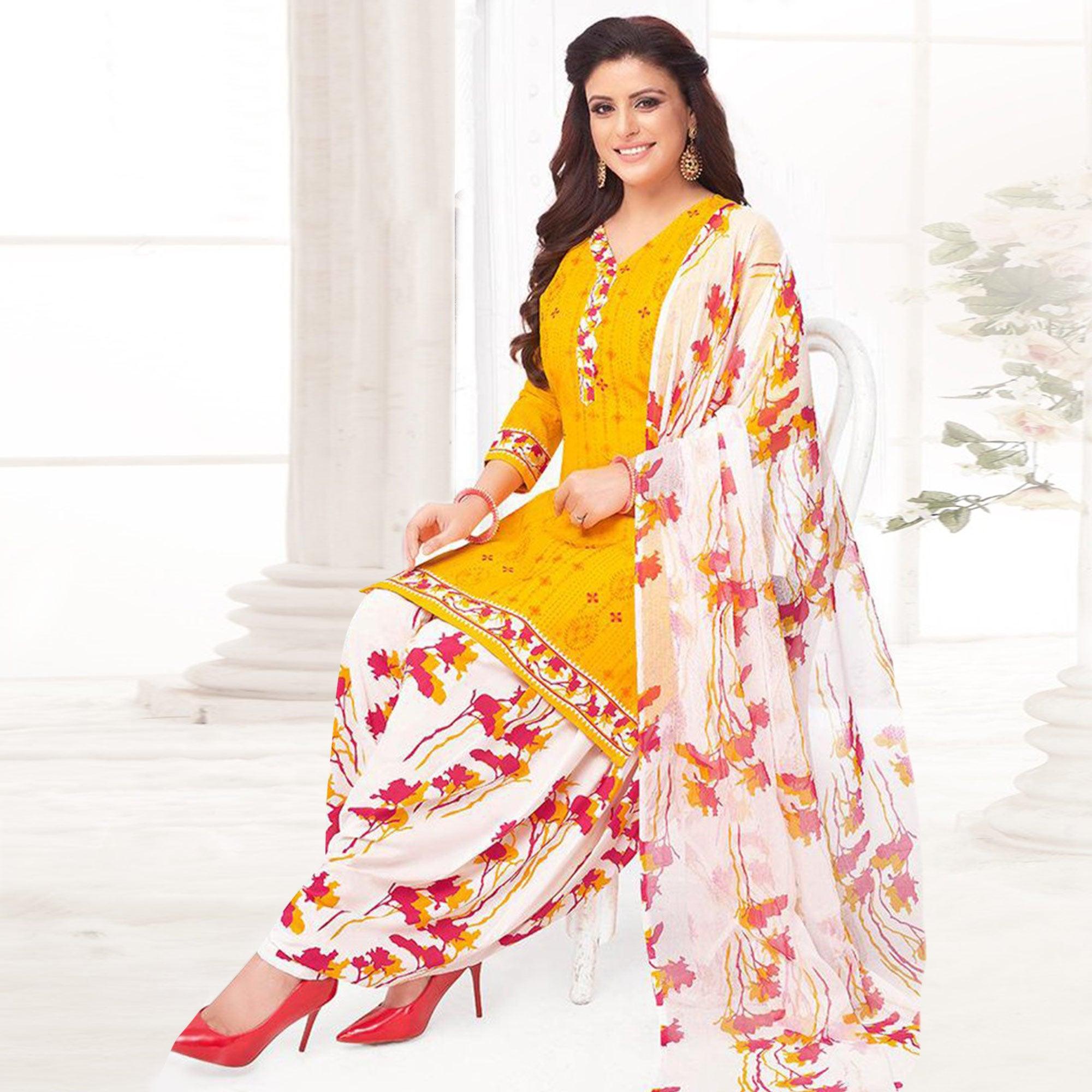 Yellow Printed Crepe Patiala Dress Material - Peachmode
