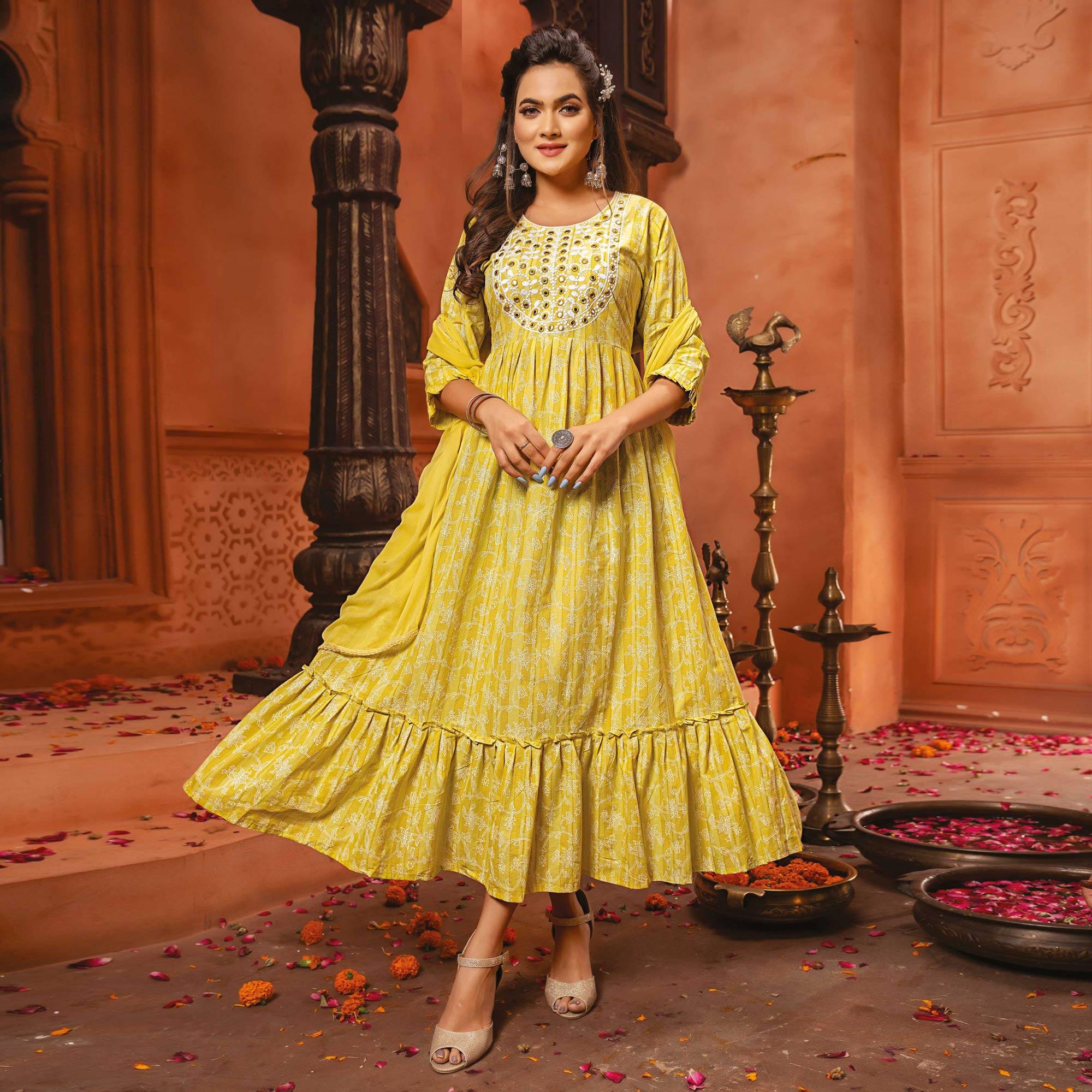 Yellow Printed-Embroidered Poly Cotton Gown With Dupatta - Peachmode
