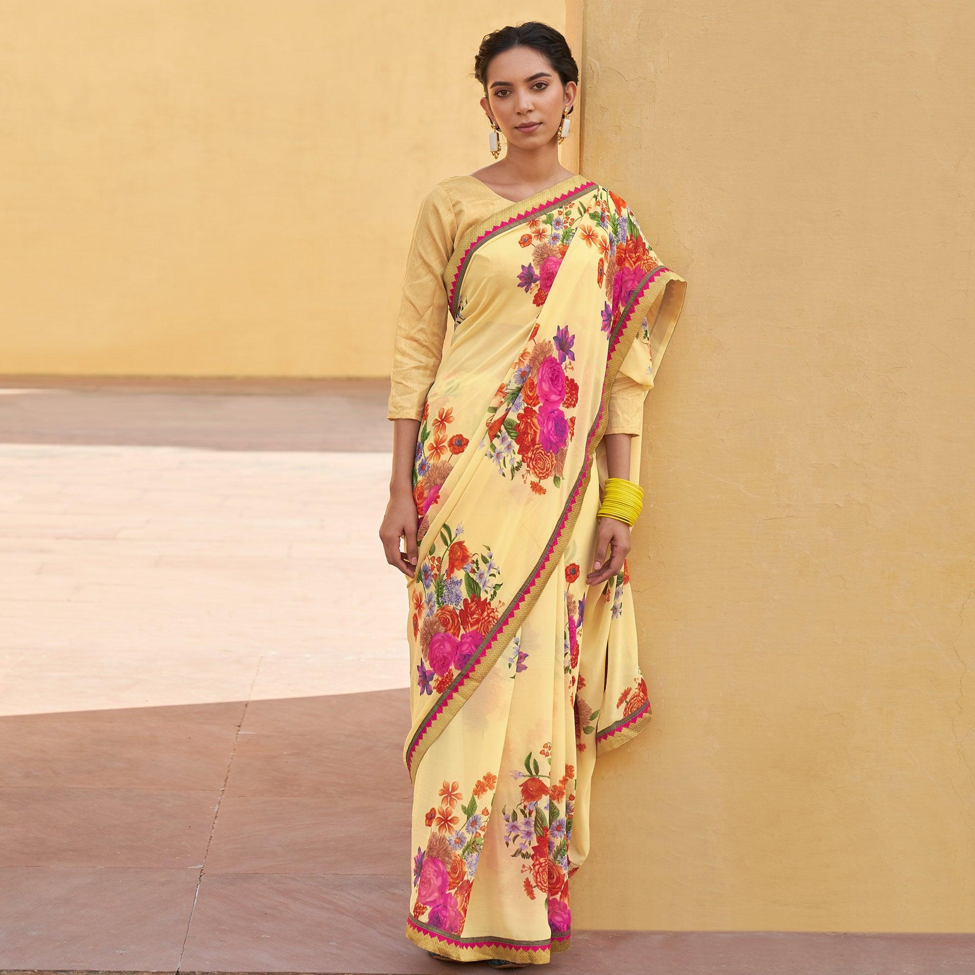 Yellow Printed Georgette Saree - Peachmode