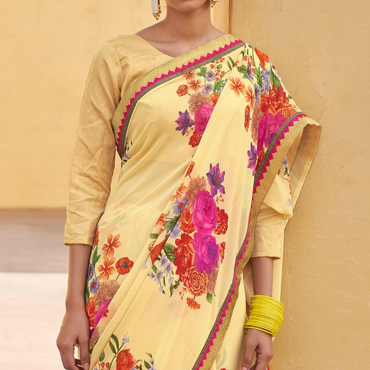 Yellow Printed Georgette Saree - Peachmode