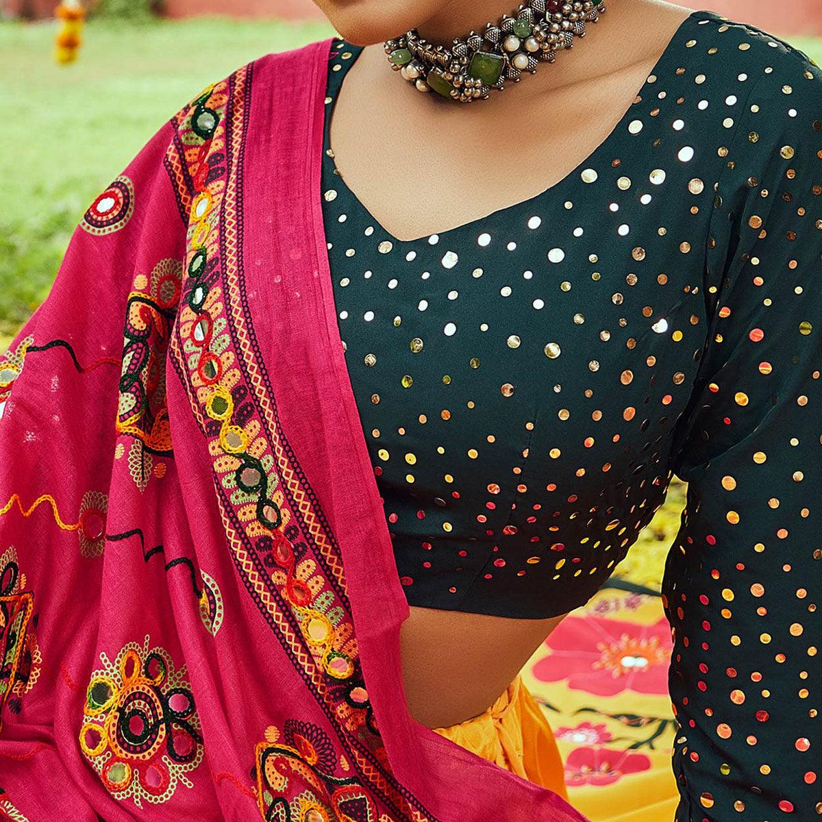 Yellow Printed Muslin Lehenga Choli - Peachmode