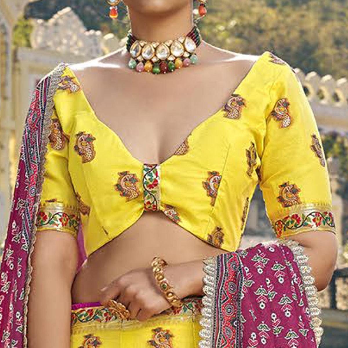 Yellow Printed Organza Lehenga Choli - Peachmode