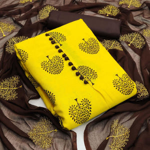 Yellow Printed Poly Cotton Dress Material - Peachmode
