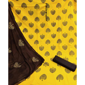 Yellow Printed Poly Cotton Dress Material - Peachmode