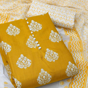 Yellow Printed Poly Cotton Dress Material - Peachmode