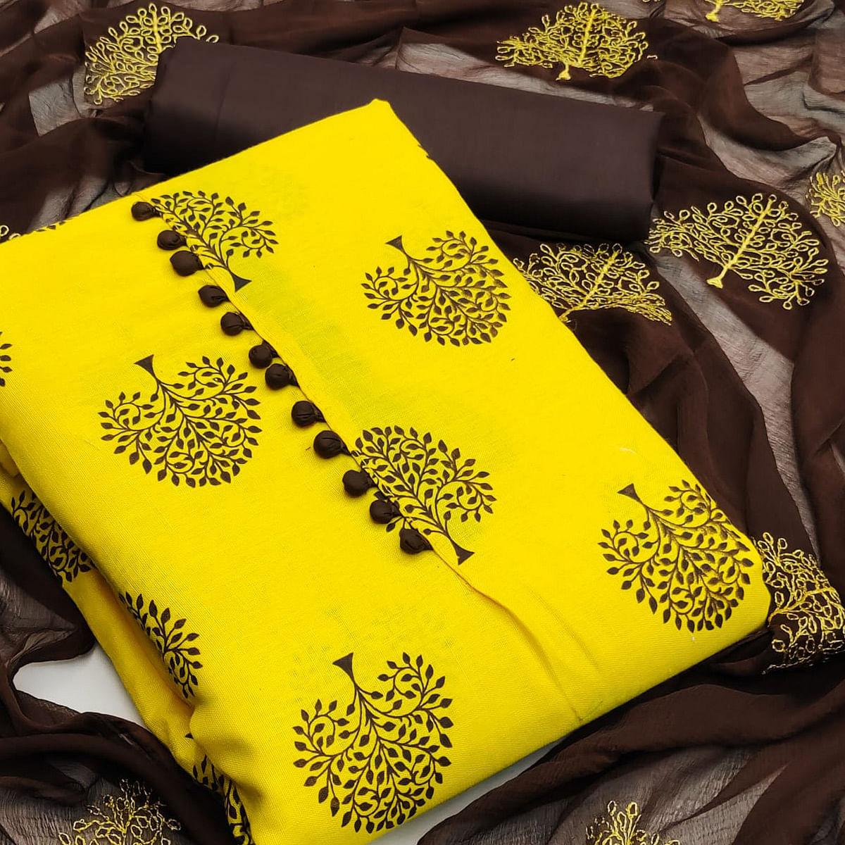 Yellow Printed Poly Cotton Dress Material - Peachmode