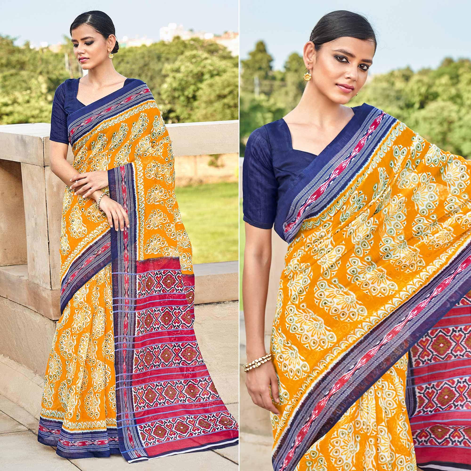Yellow Printed Poly Cotton Saree - Peachmode