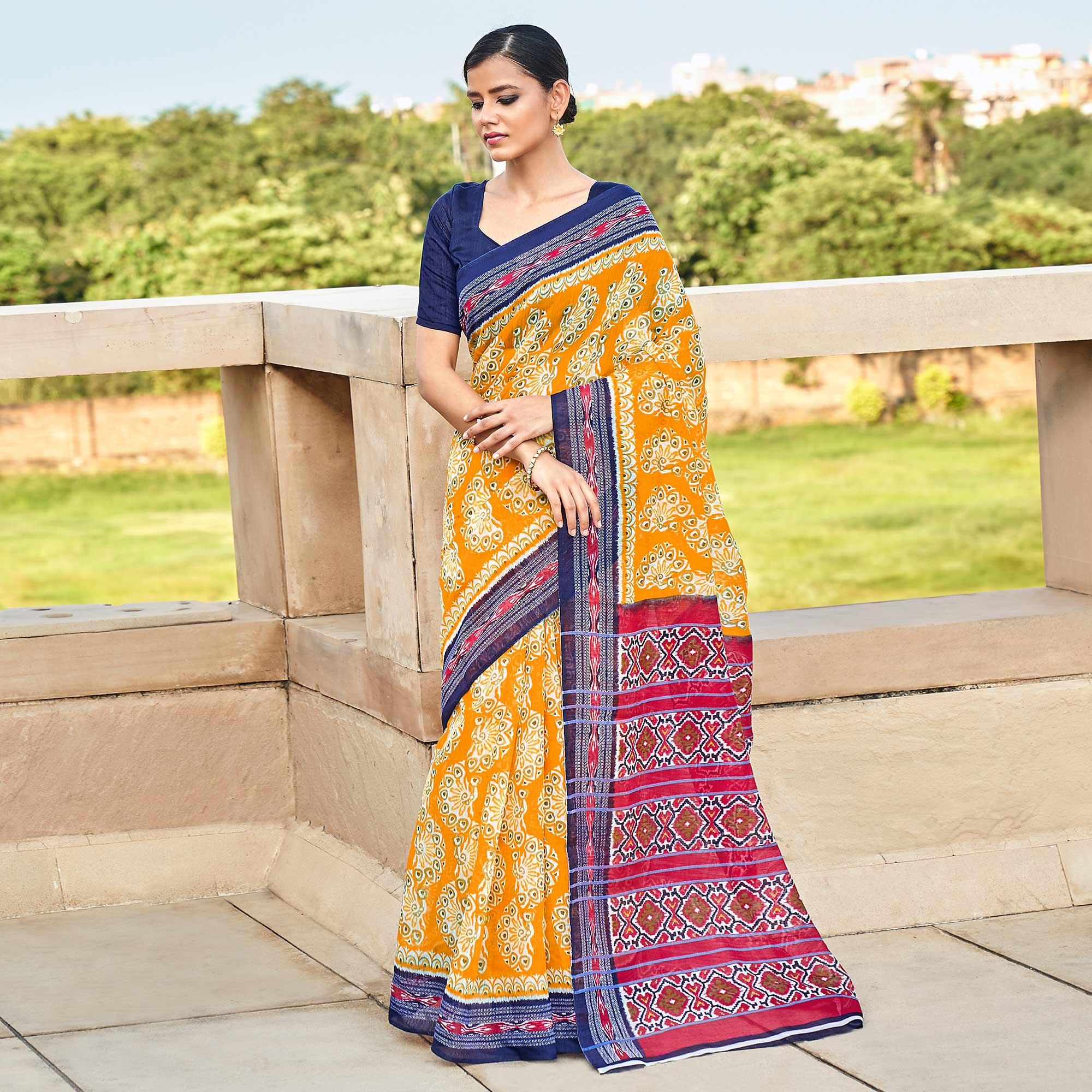 Yellow Printed Poly Cotton Saree - Peachmode