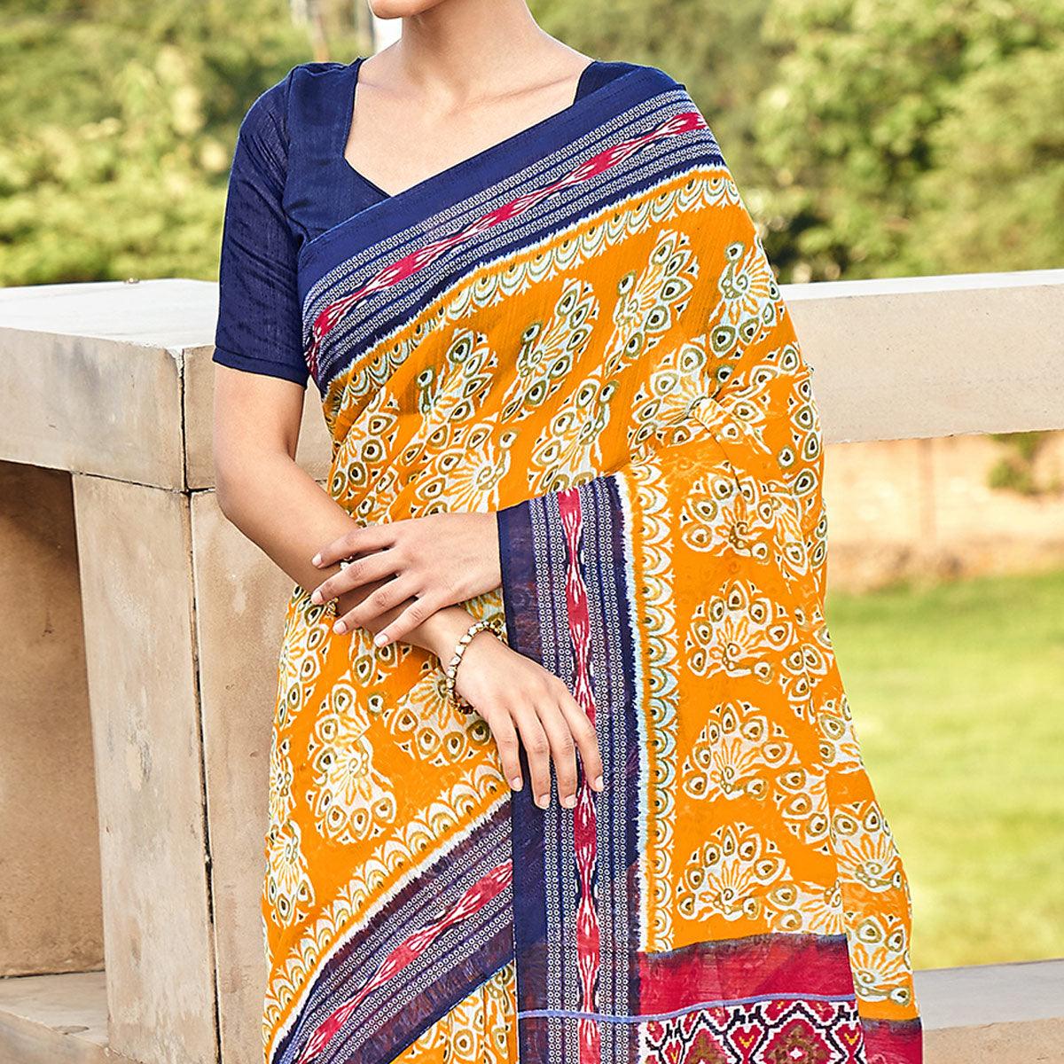 Yellow Printed Poly Cotton Saree - Peachmode