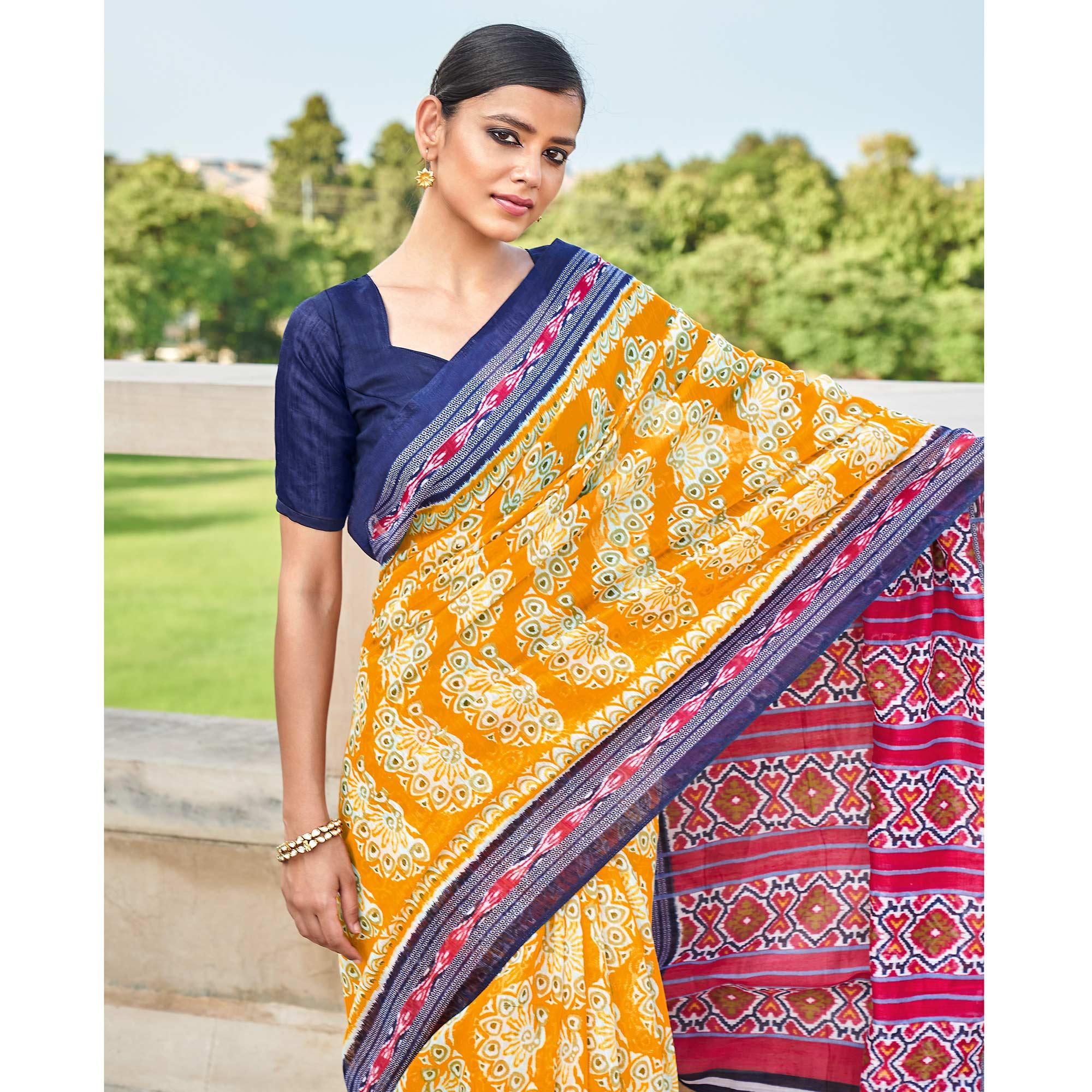 Yellow Printed Poly Cotton Saree - Peachmode