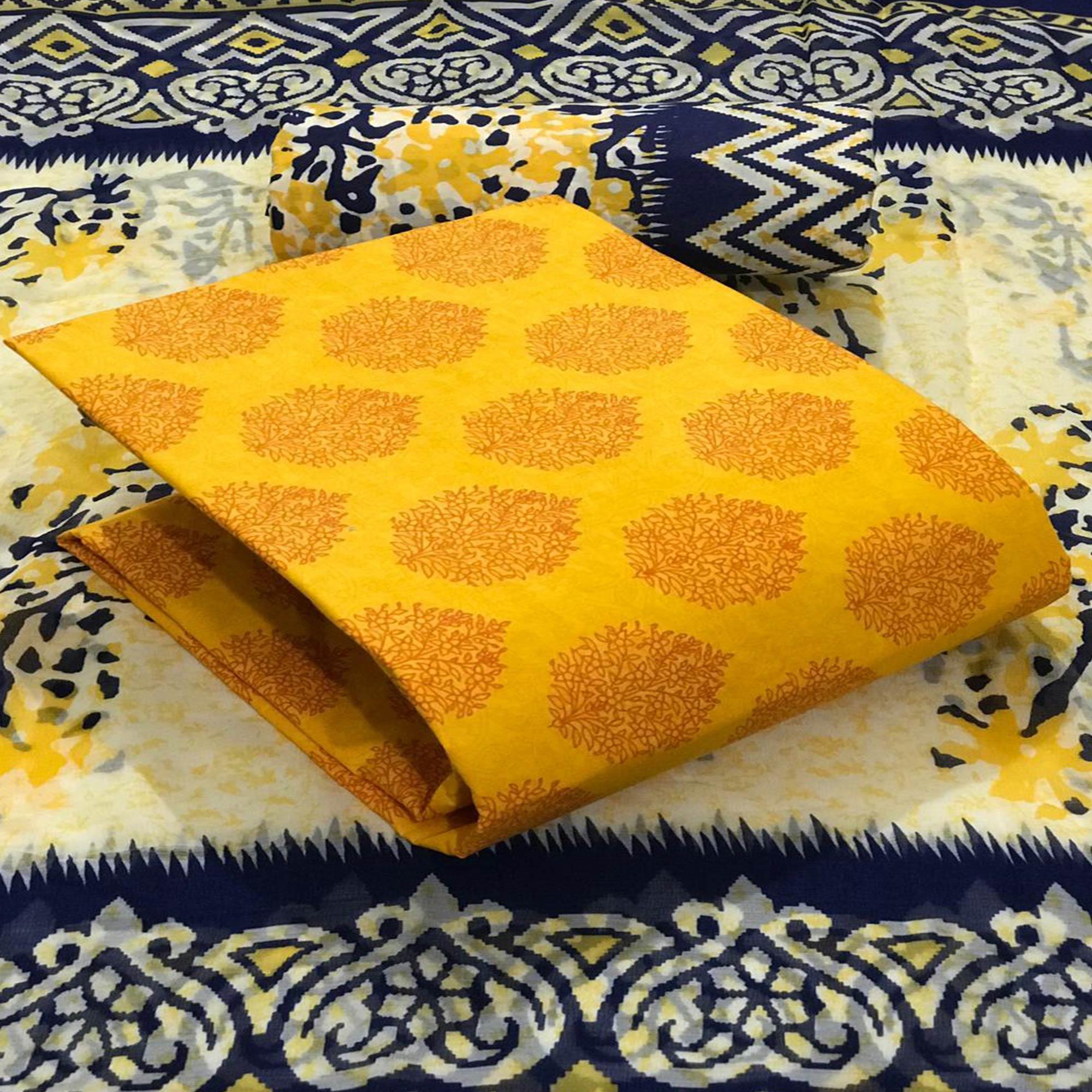 Yellow Printed Pure Cotton Dress Material - Peachmode