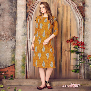 Yellow Printed Pure Cotton Kurti - Peachmode
