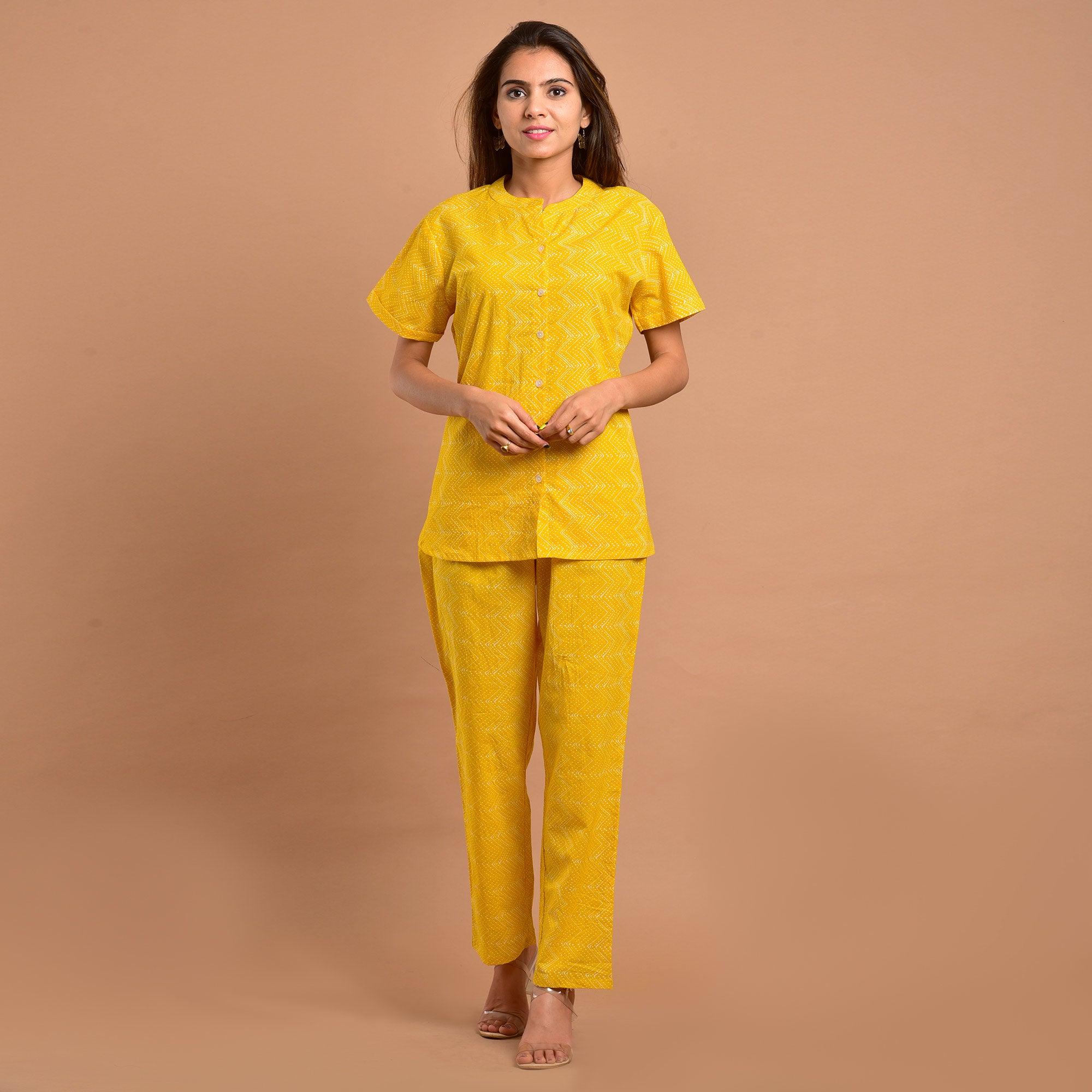 Yellow Printed Pure Cotton Night Suit - Peachmode