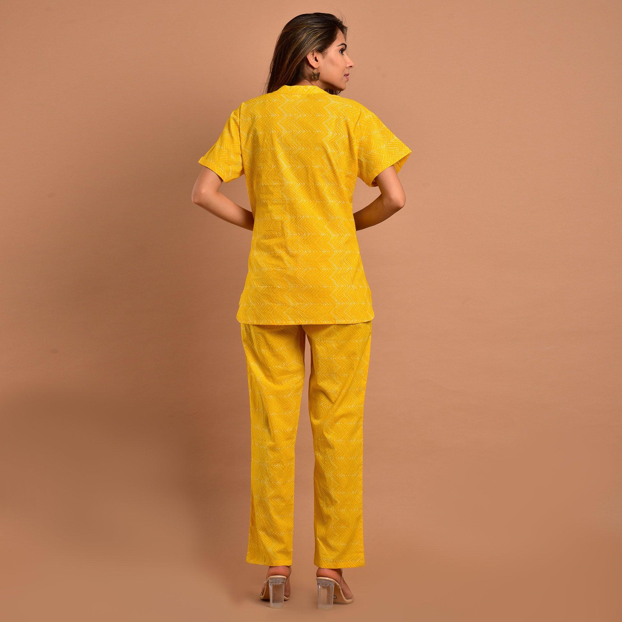 Yellow Printed Pure Cotton Night Suit - Peachmode