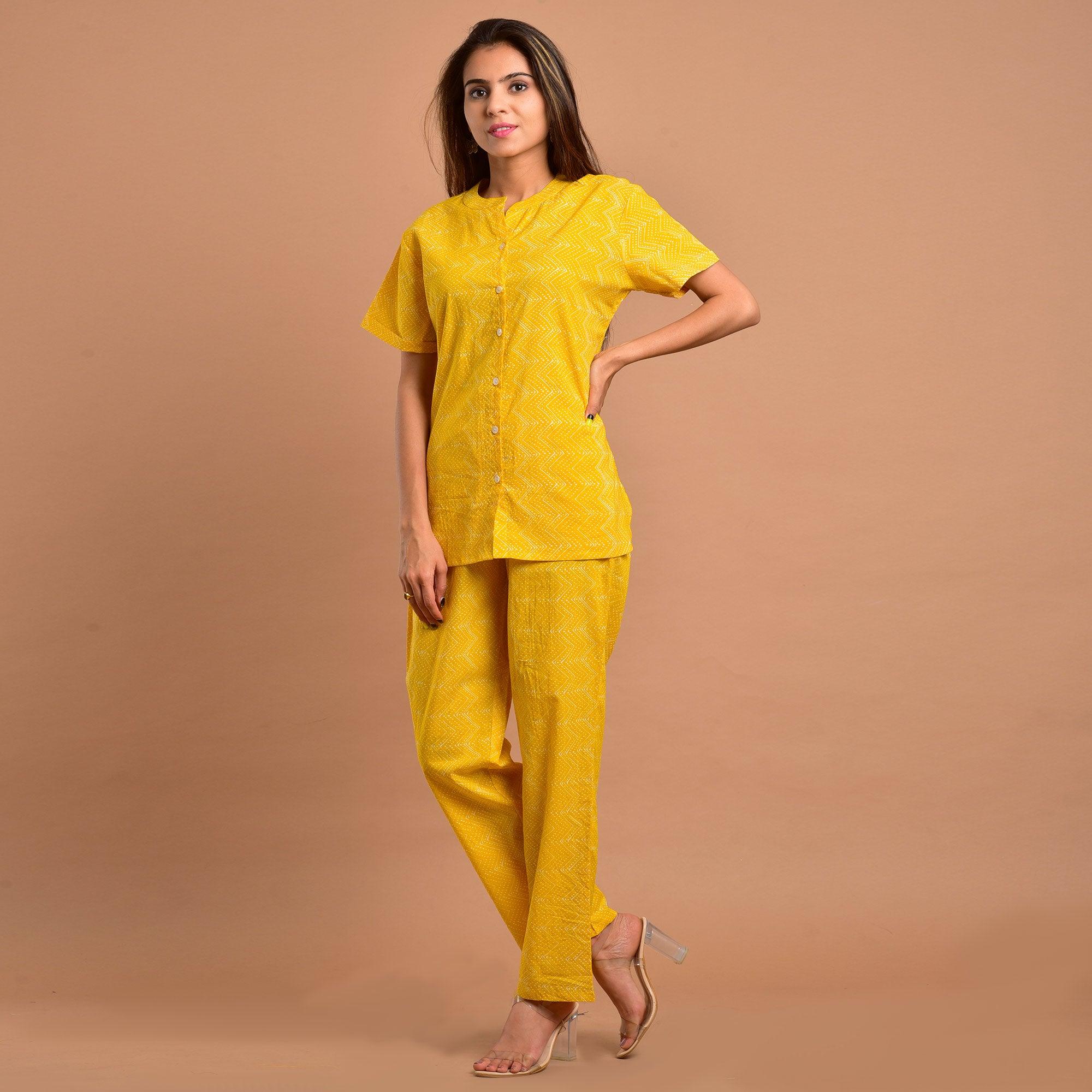 Yellow Printed Pure Cotton Night Suit - Peachmode