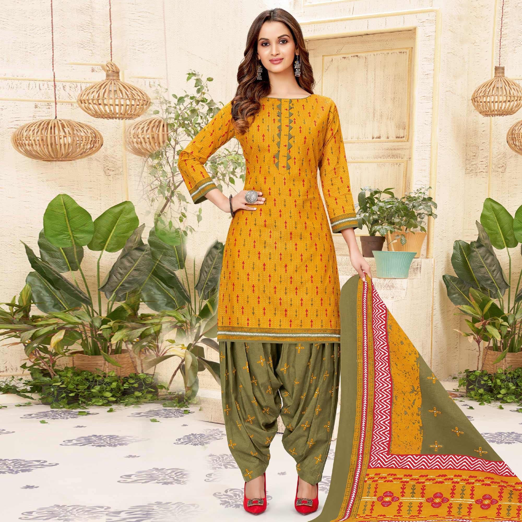 Yellow Printed Pure Cotton Patiala Dress Material - Peachmode