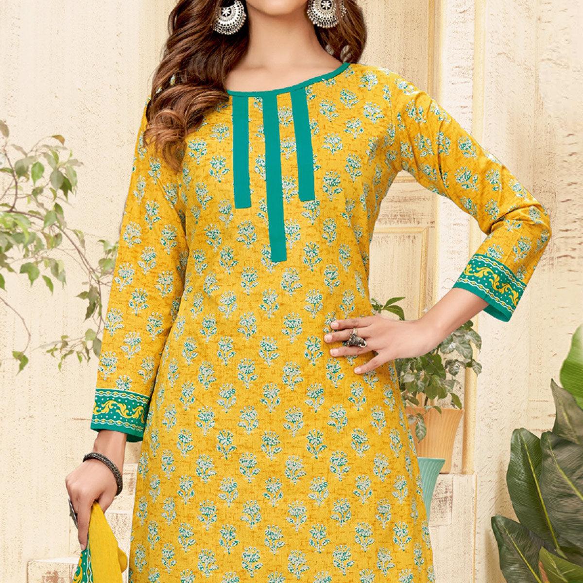 Yellow Printed Pure Cotton Patiala Dress Material - Peachmode