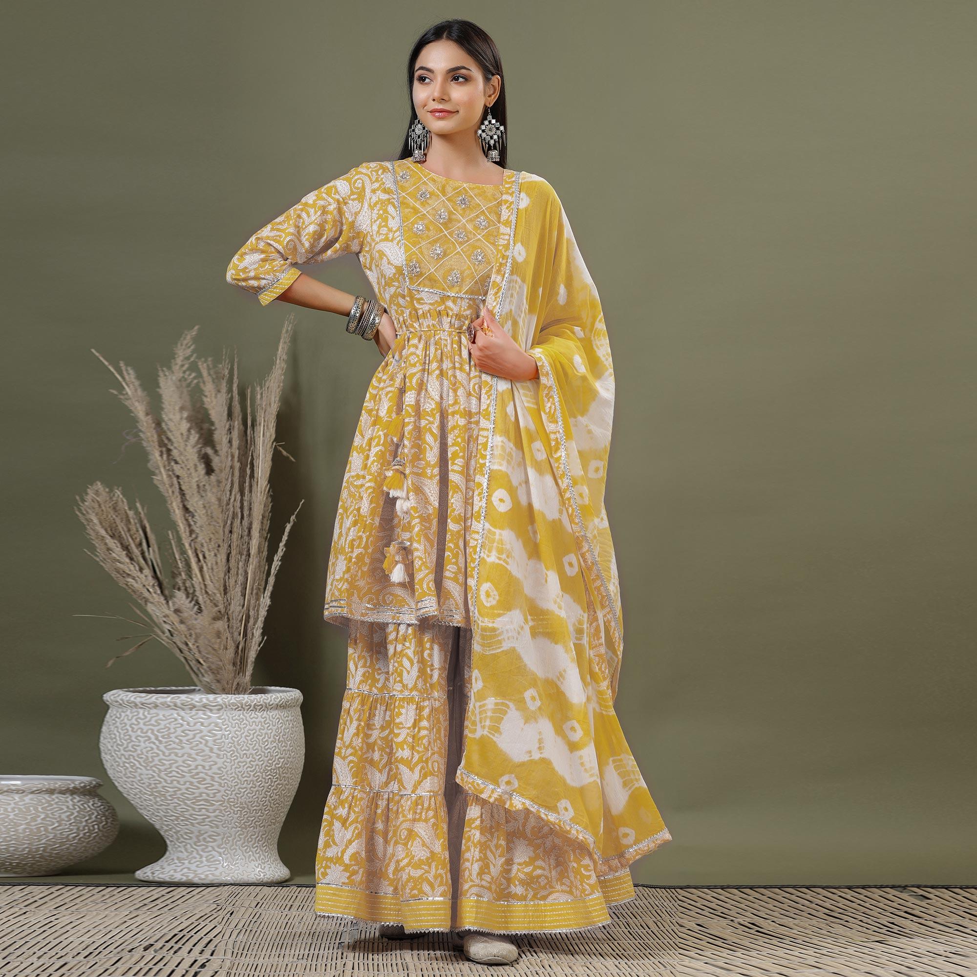 Yellow Printed Pure Cotton Sharara Suit - Peachmode