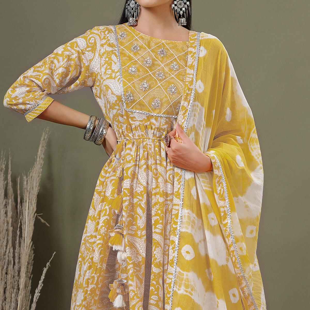 Yellow Printed Pure Cotton Sharara Suit - Peachmode