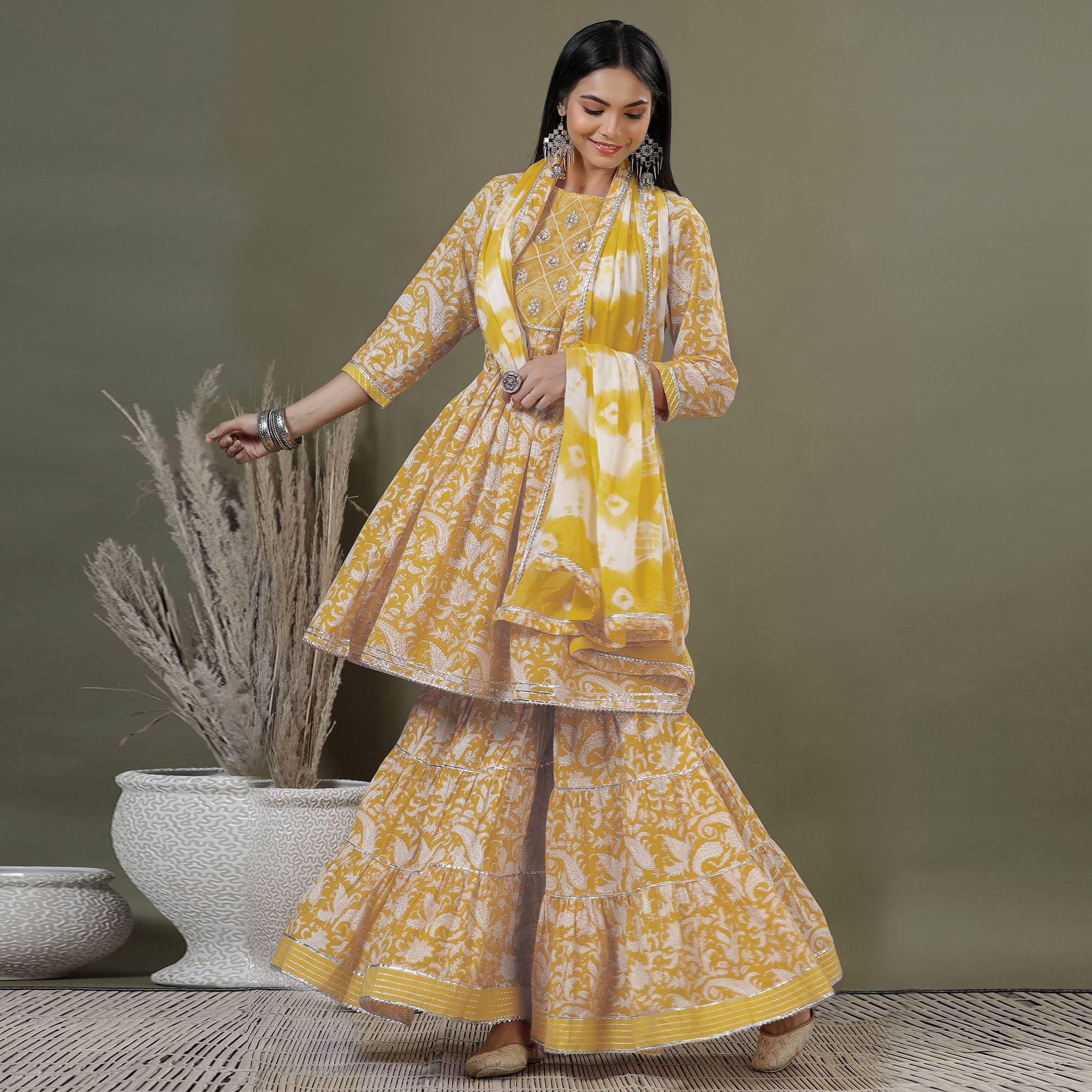 Yellow Printed Pure Cotton Sharara Suit - Peachmode