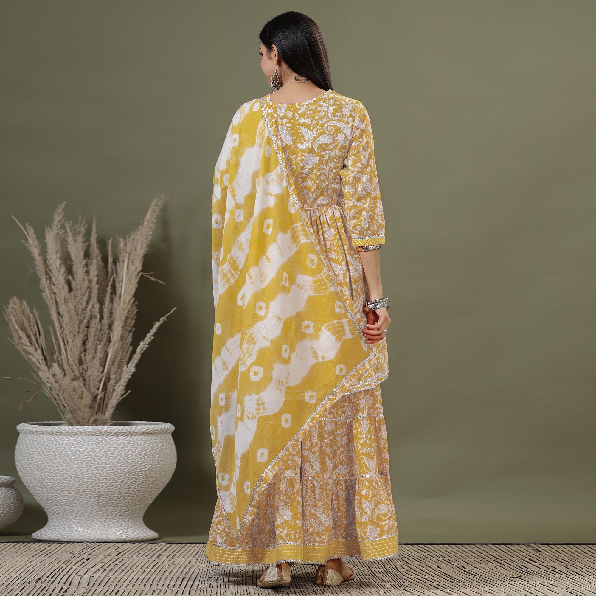 Yellow Printed Pure Cotton Sharara Suit - Peachmode