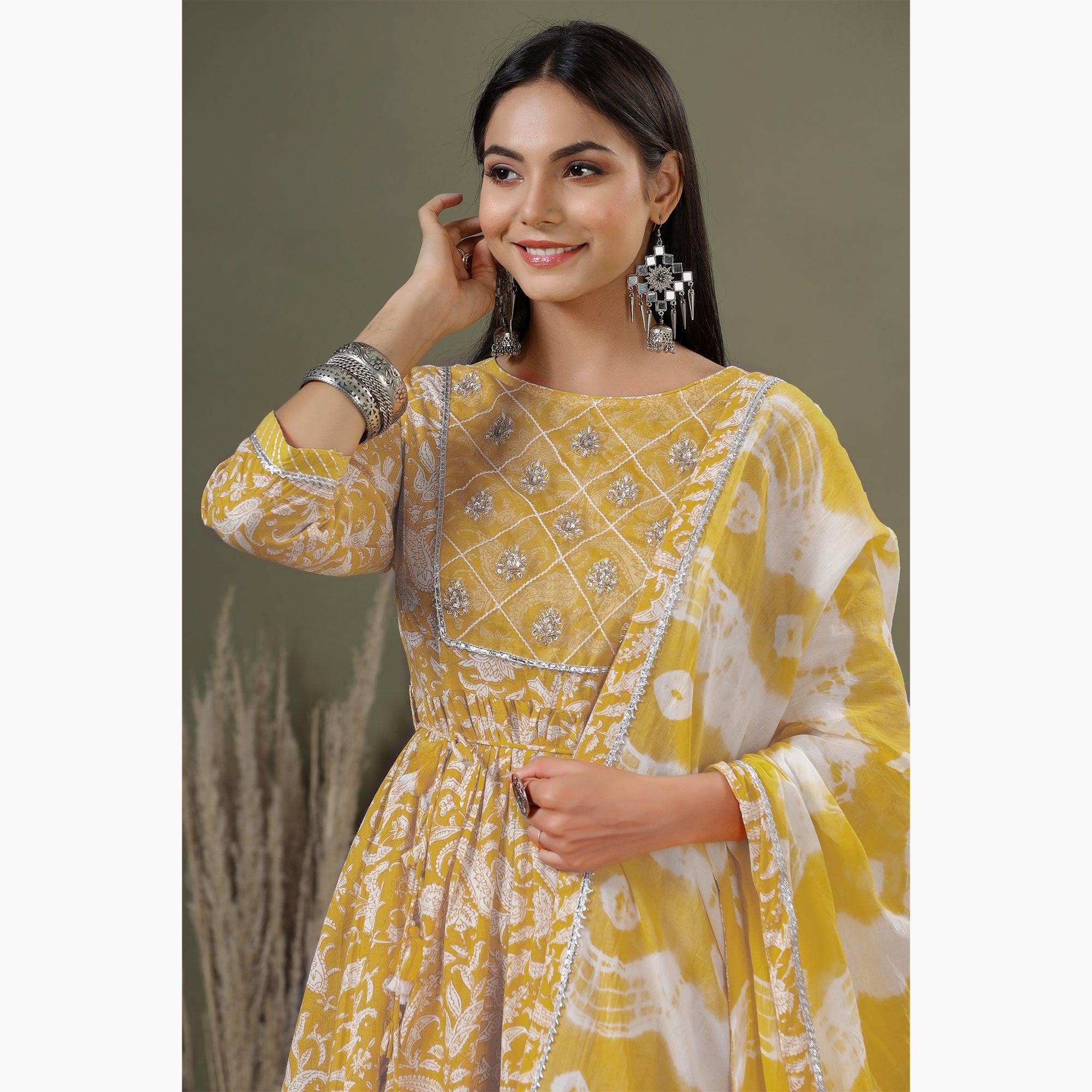 Yellow Printed Pure Cotton Sharara Suit - Peachmode