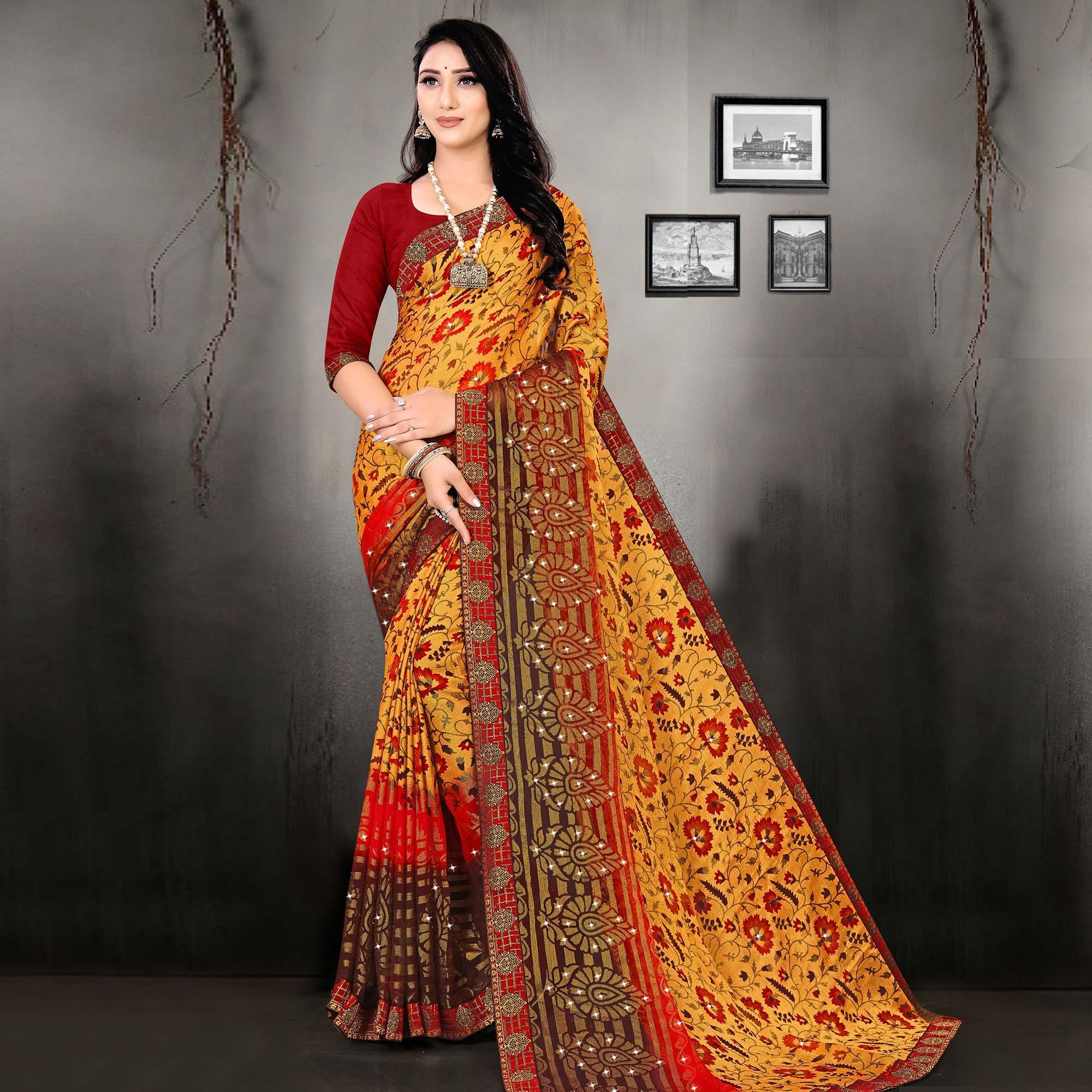 Yellow Printed With Embellished Brasso Saree - Peachmode