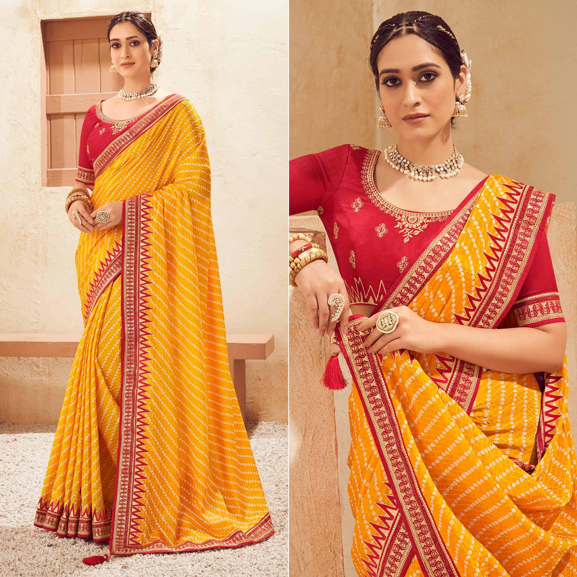 Yellow Printed With Embellished Chiffon Saree With Tassels - Peachmode