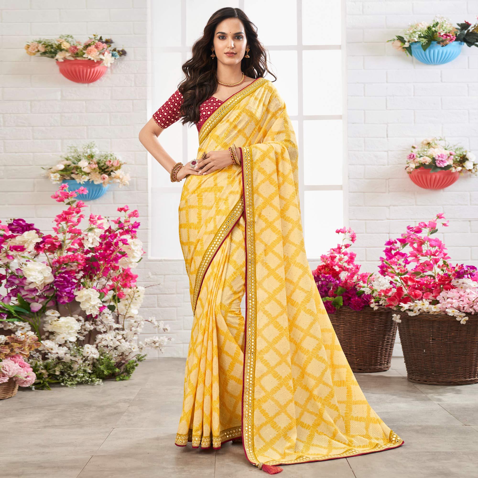 Yellow Printed With Embellished Chiffon Saree With Tassels - Peachmode