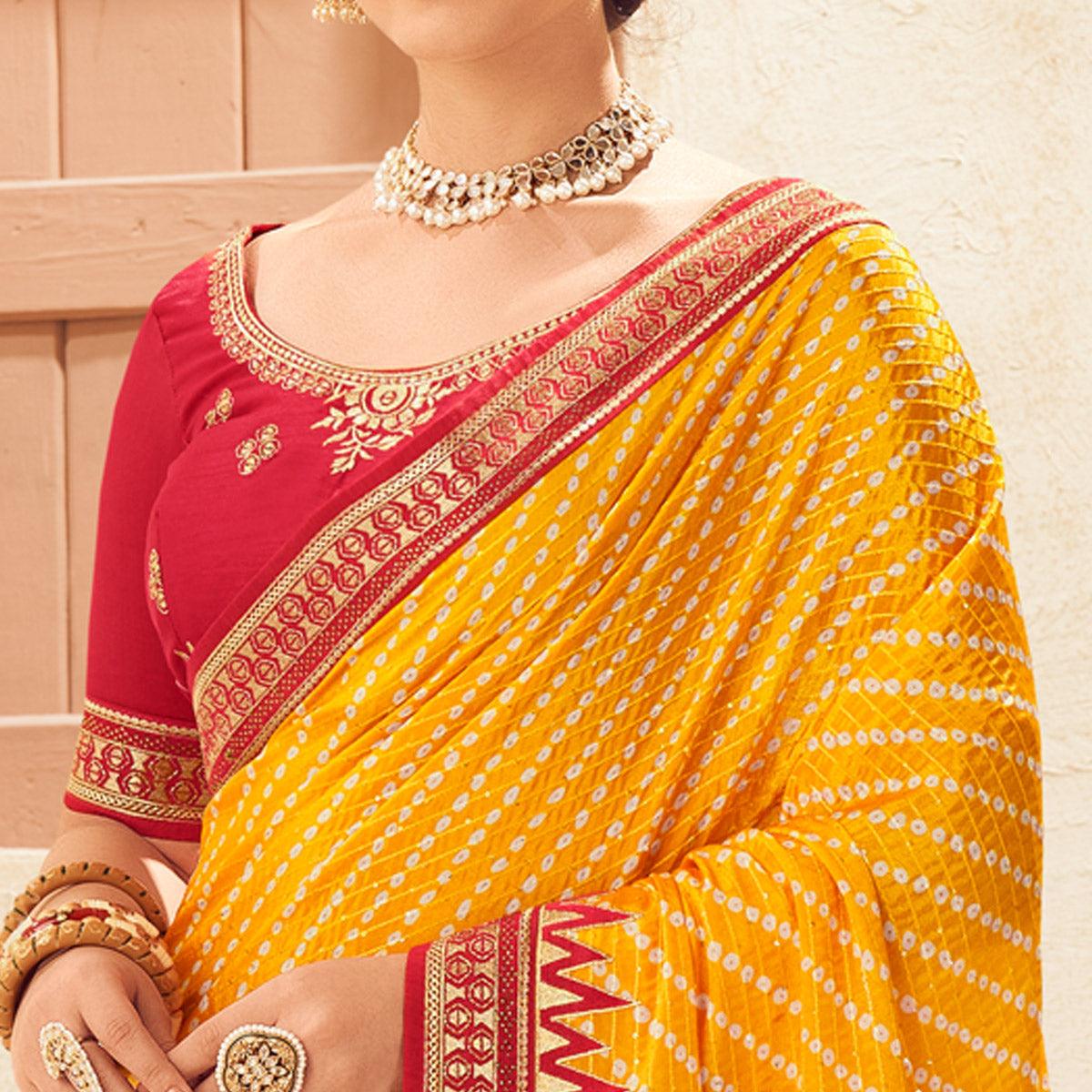 Yellow Printed With Embellished Chiffon Saree With Tassels - Peachmode