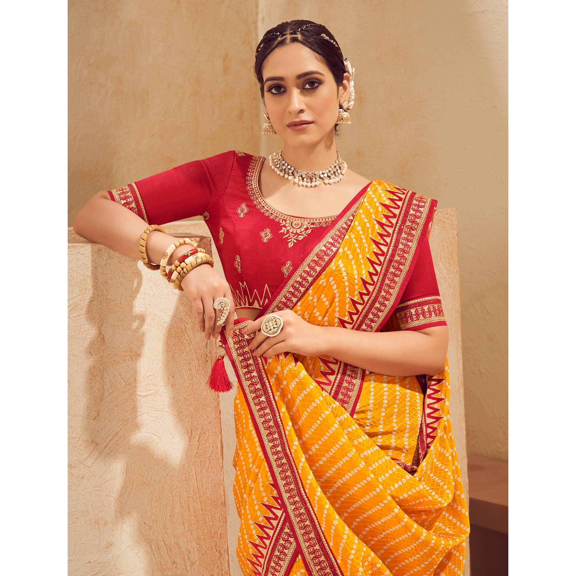 Yellow Printed With Embellished Chiffon Saree With Tassels - Peachmode
