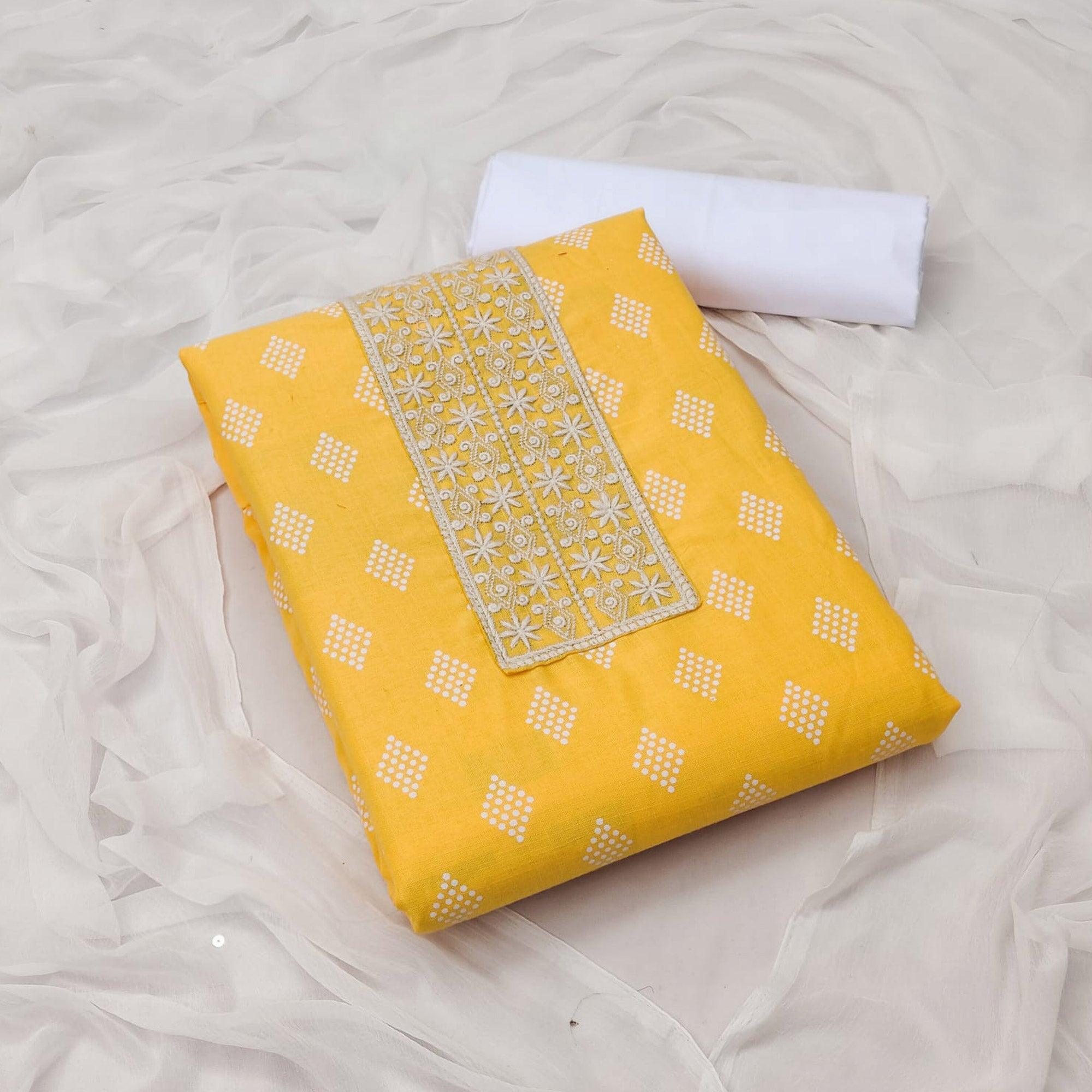 Yellow Printed With Embroidered Cotton Blend Dress Material - Peachmode