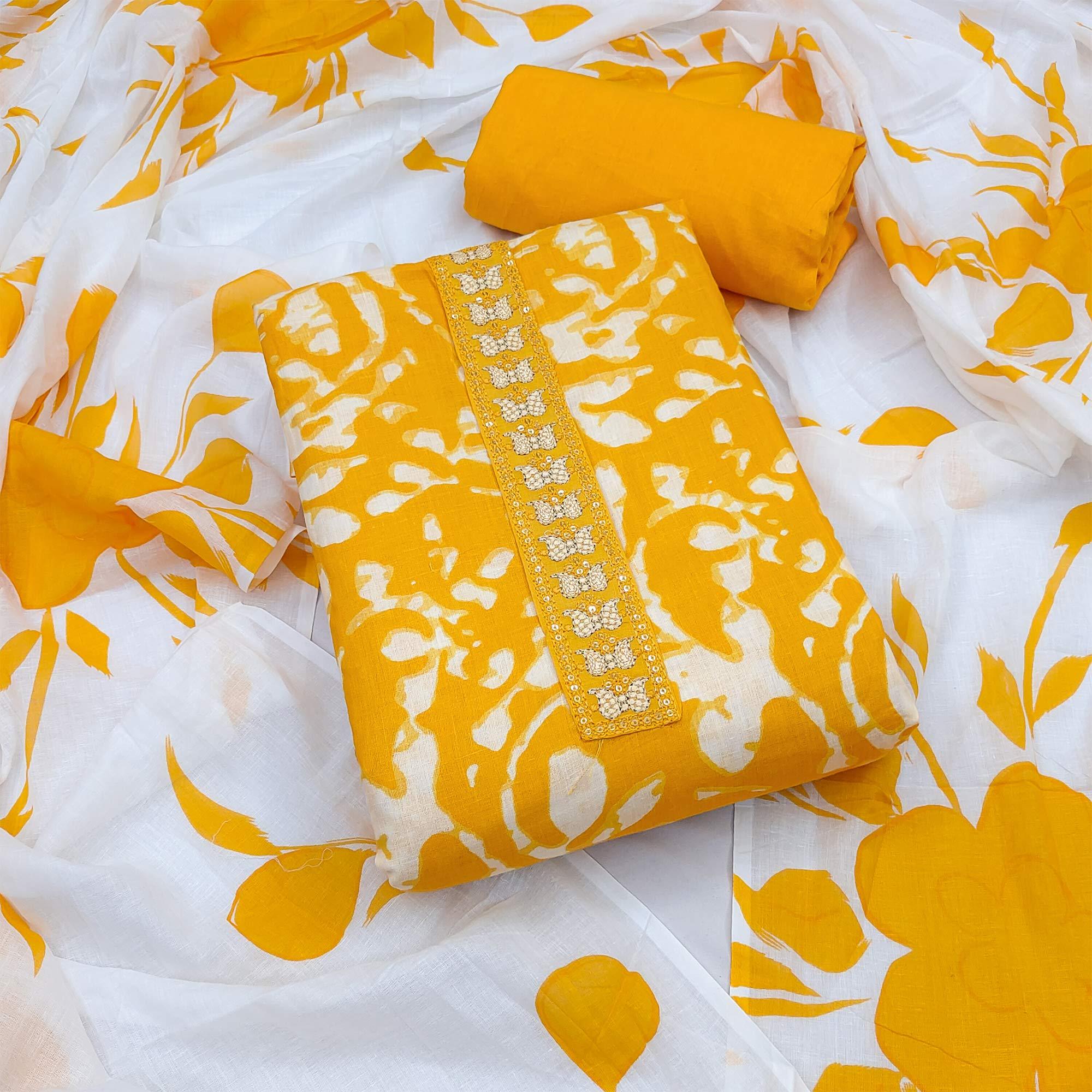Yellow Printed With Embroidered Cotton Blend Dress Material - Peachmode