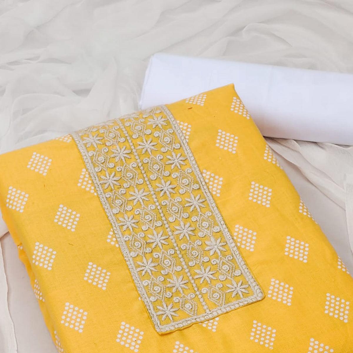 Yellow Printed With Embroidered Cotton Blend Dress Material - Peachmode