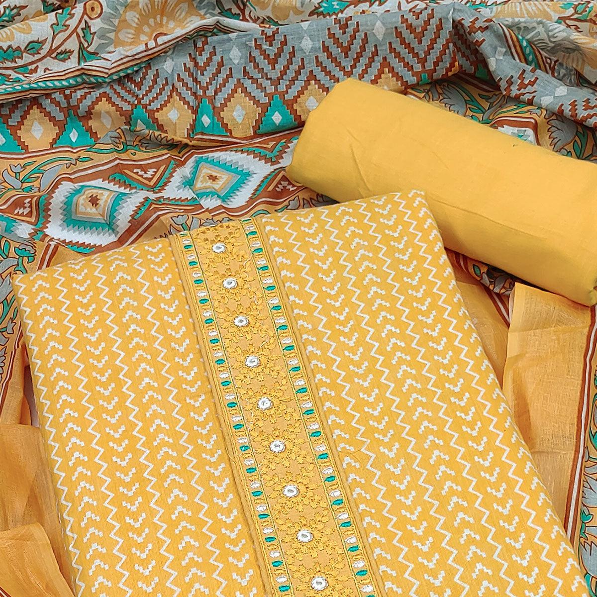 Yellow Printed With Embroidered Cotton Blend Dress Material - Peachmode