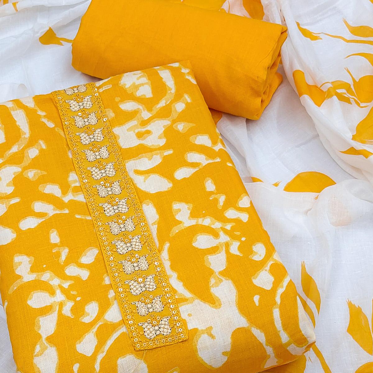 Yellow Printed With Embroidered Cotton Blend Dress Material - Peachmode