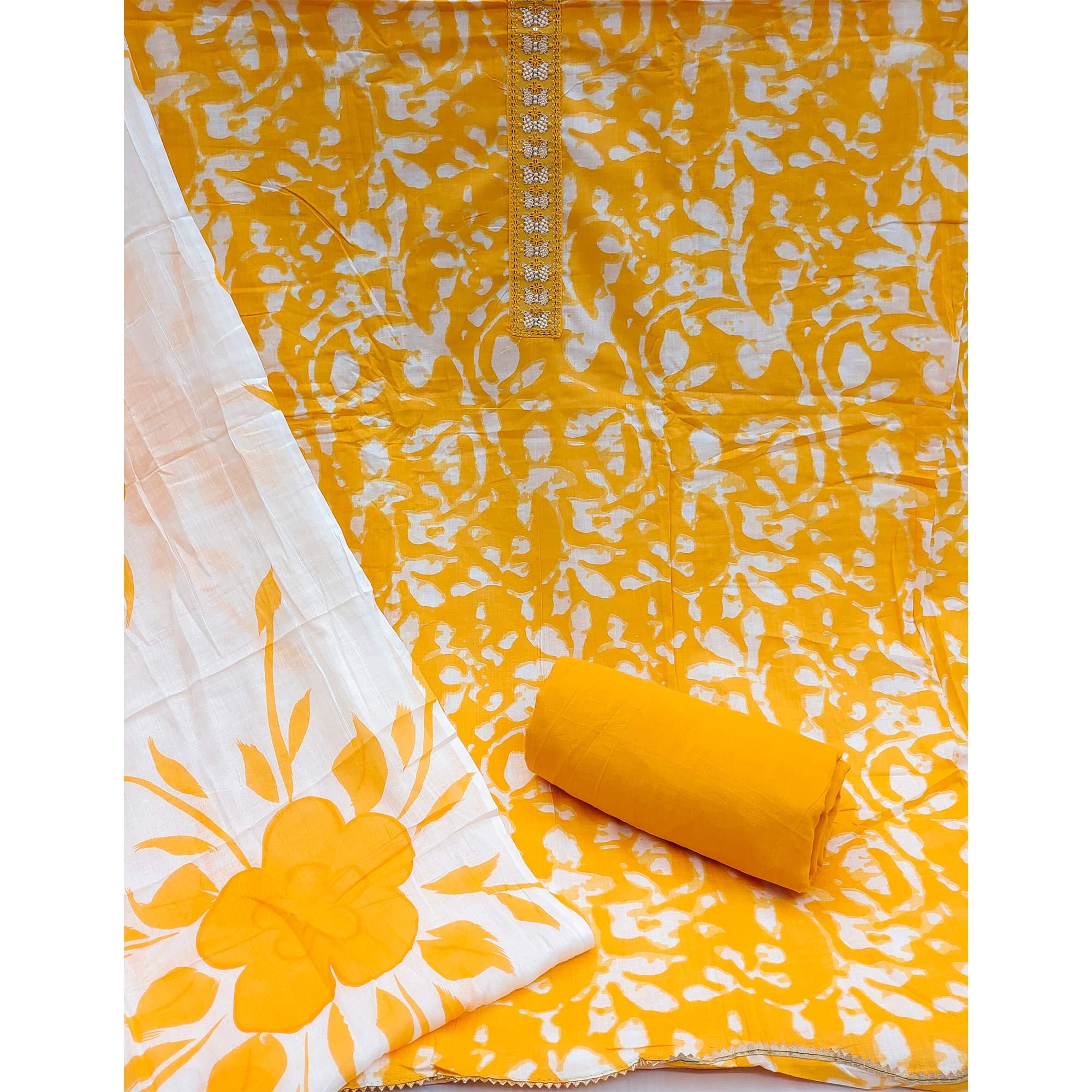 Yellow Printed With Embroidered Cotton Blend Dress Material - Peachmode
