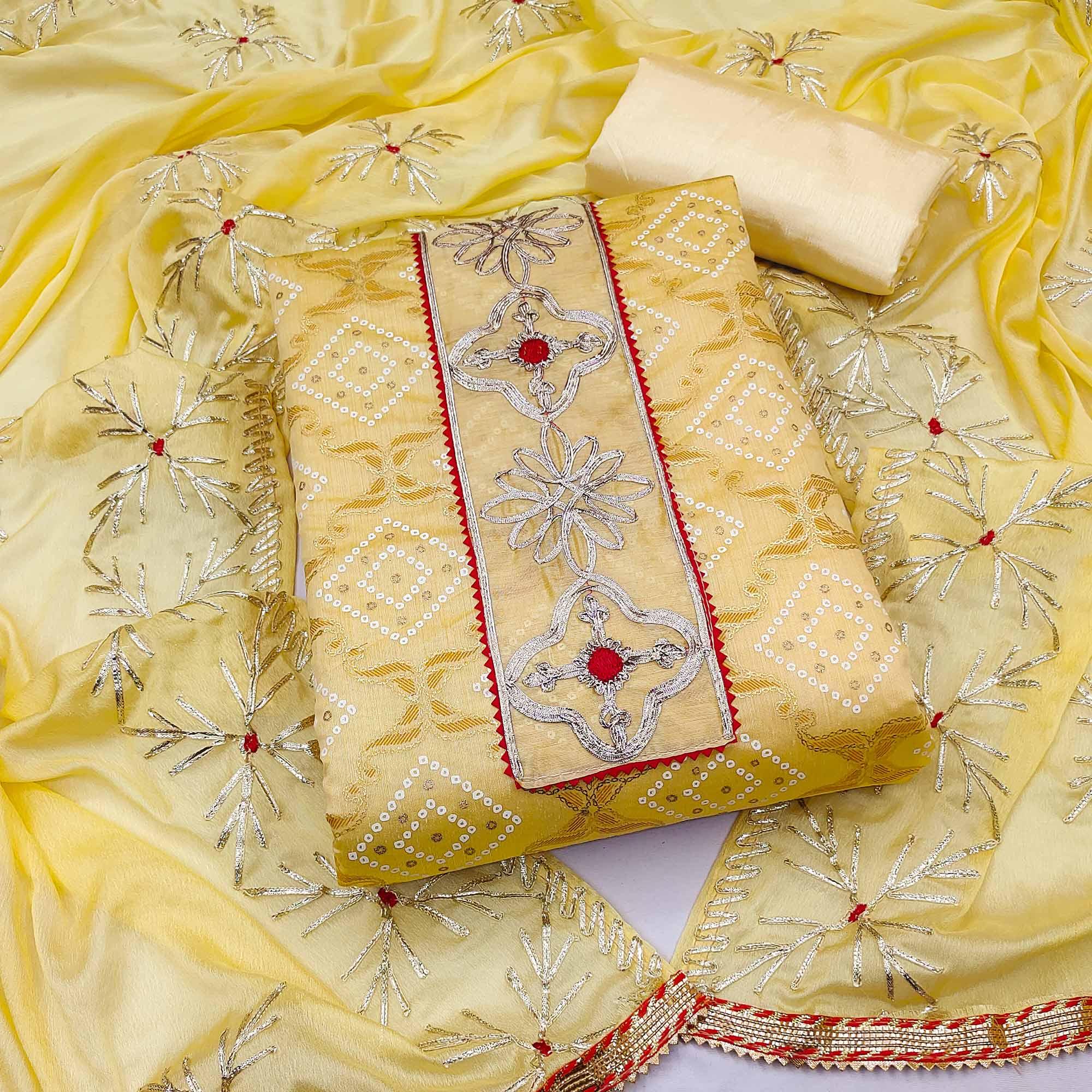 Yellow Printed With Embroidered Poly Cotton Dress Material - Peachmode